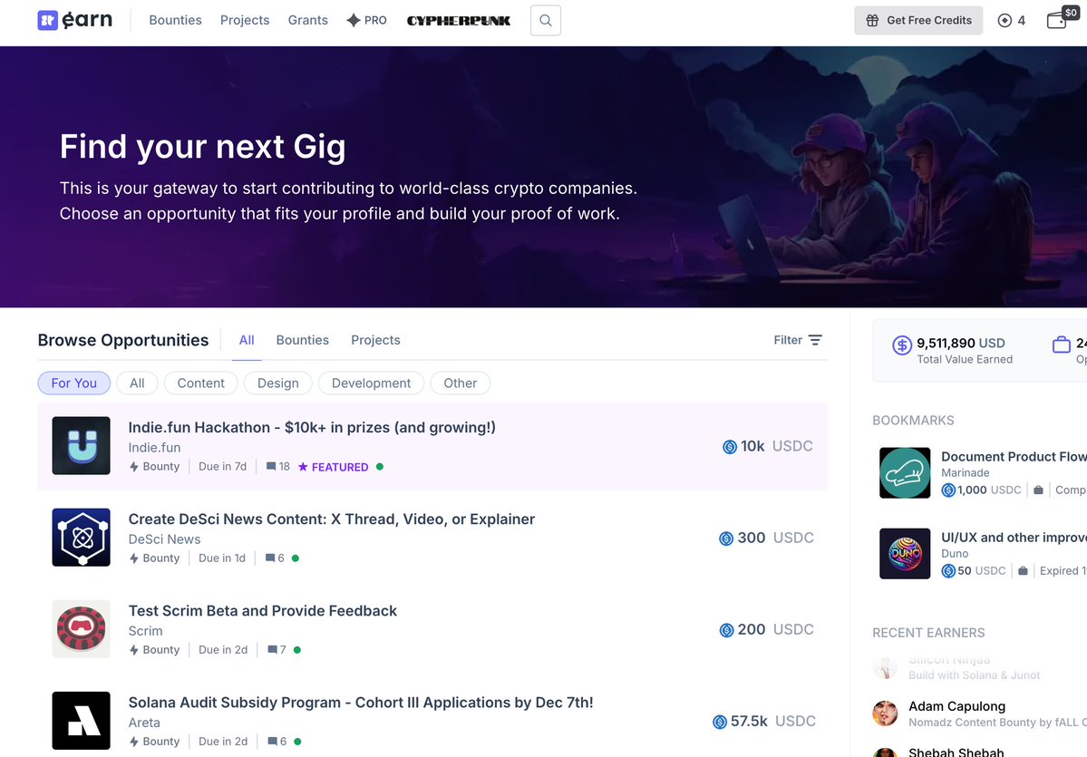 SolanaSensei's tweet image. How to Make Money on Solana With $0

Bounties

Superteam Earn has a wide range of bounties for everyone: video editors, writers, developers, and designers. Bounties are usually hosted by projects. Put your skills to the test and make some $$ while you’re at it.

Solana Colosseum…