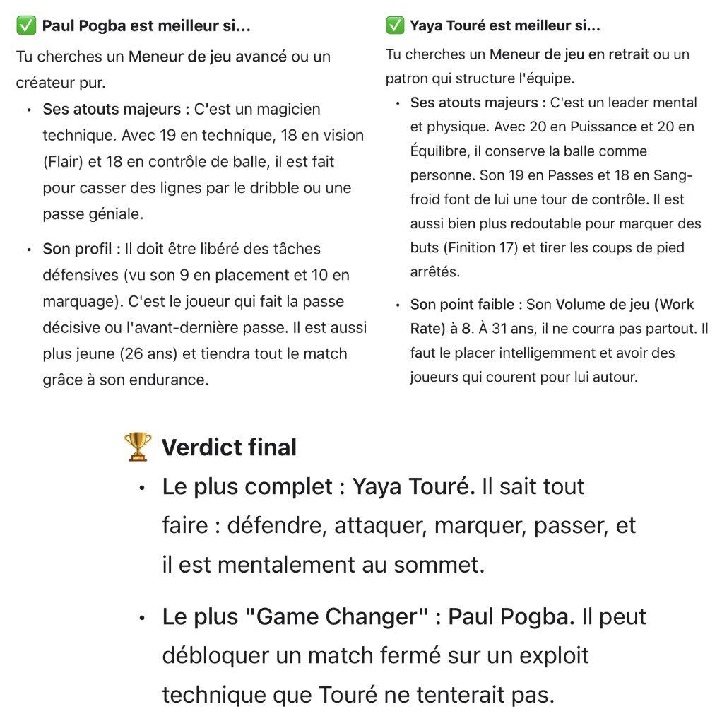 halerickB's tweet image. Yaya Toure X Paul Pogba quel était le meilleur à leur prime (2013 vs 2019). 

J’ai trouvé intéressant de comparer les statistiques Football manager (14vs20)

FM n’est pas vérité absolue mais tjs intéressant de comparer les rapport mise des scout de FM +comparaison fait par une IA