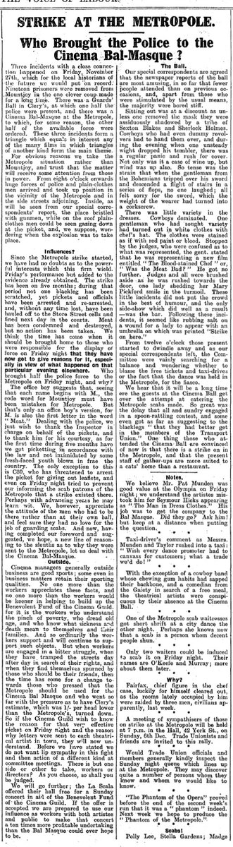 This  weekend 1925, the Voice of Labour reported on the picket that took place on the charity Cinema Bal-Masque at Dublin's Metropole on 27 November in protest at the holding of an event at a venue where a strike had been ongoing for five months. #EarlyIrishCinema