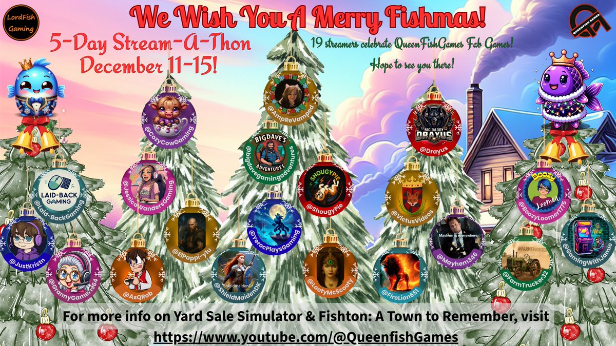 Join us for dec 11th and we start our fishmas stream 5 days straight 3 days of yard sale sim 2 days of fishton over 19 streams, join here discord.gg/5DppGPB2cj