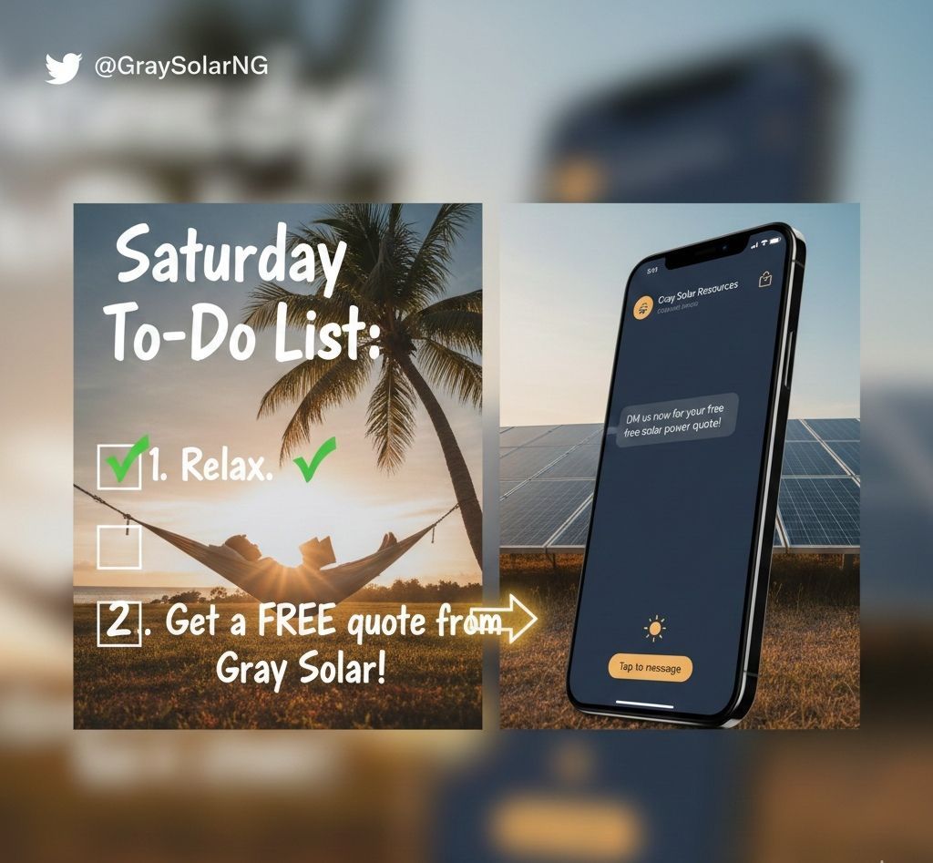 GraySolarRes's tweet image. What’s on your Saturday to-do list
I suggest
1. Relax
2. Get a free quote from Gray Solar

Let me show you how much you can save &amp;amp; how quickly we can install a solar power system for your home or office

DM now to begin
#SaturdayHustle #FreeQuote #SolarInstallation #Nigeria