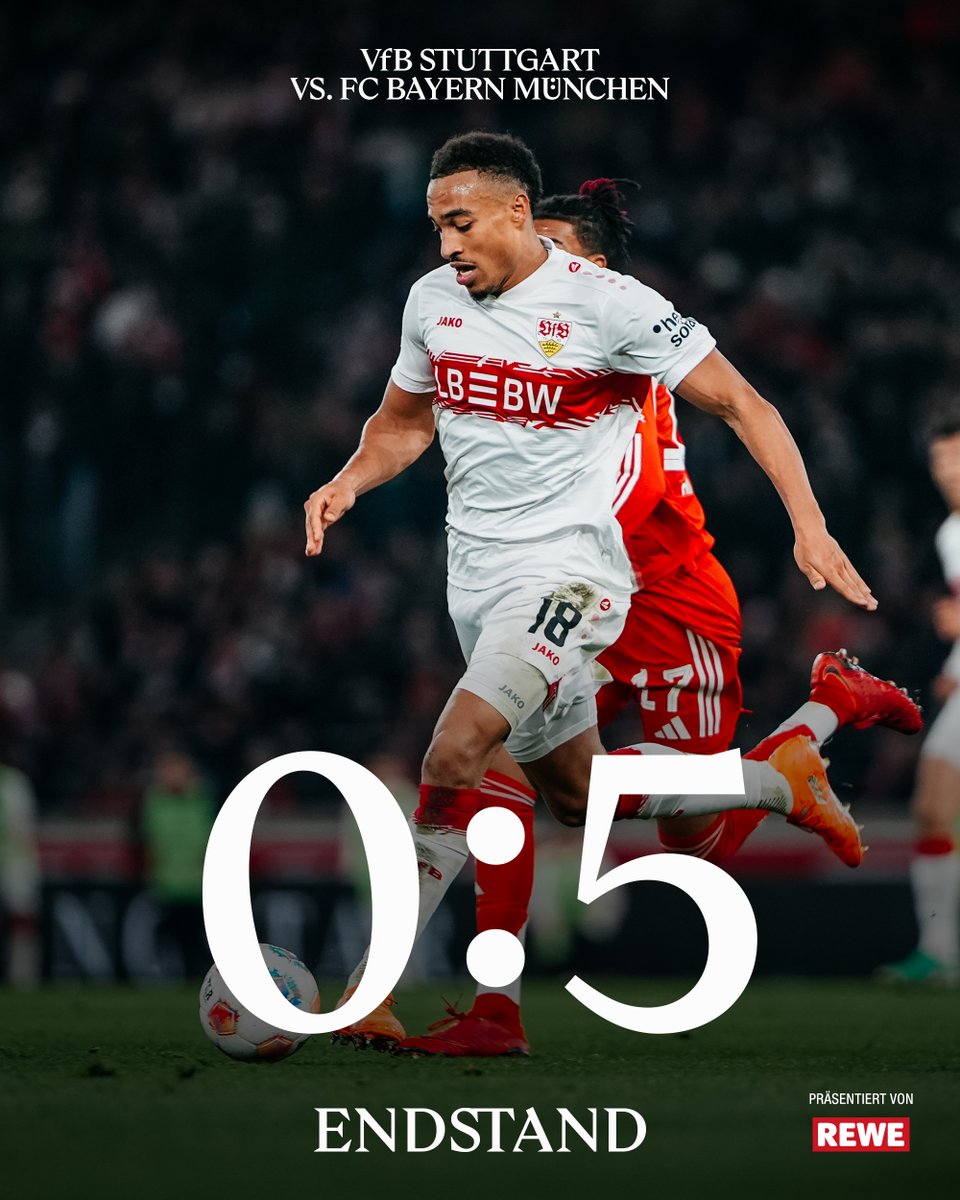 Das war's in Stuttgart.
Wir müssen uns gegen den FC Bayern München mit 0:5 geschlagen geben.

#VfB | #VfB1893 | #Bundesliga | #VfBFCB 0:5 (90.) | [Anzeige] Rewe