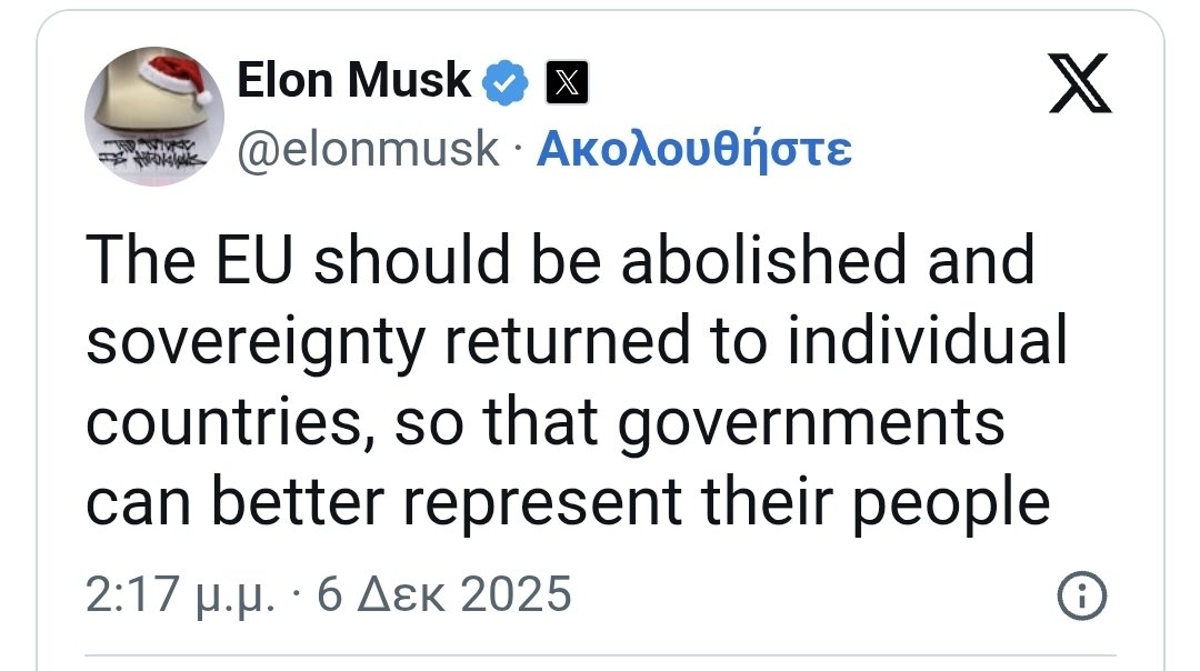 Γιατί τα μικρά ευρωπαϊκά κράτη δεν θα έχουν καμία δυνατότητα επιβολής της νομοθεσίας απέναντι σε κολοσσούς όπως το Χ. Αυτός λοιπόν λογικά θέλει την κατάργηση της ΕΕ. Οι ελληνόφωνοι συνοδοιπόροι του ήθελα να ήξερα τι επιδιώκουν