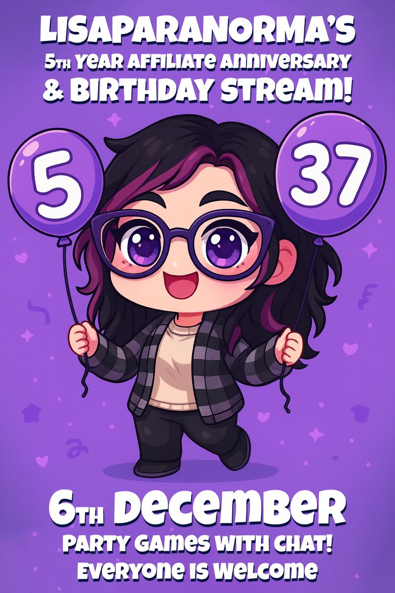 LisaParaNorma's tweet image. Doing a little birthday and affiliate anniversary stream tonight so we can bring in my birthday together at midnight!

7.30pm party's games with friends ☺️💜🥳