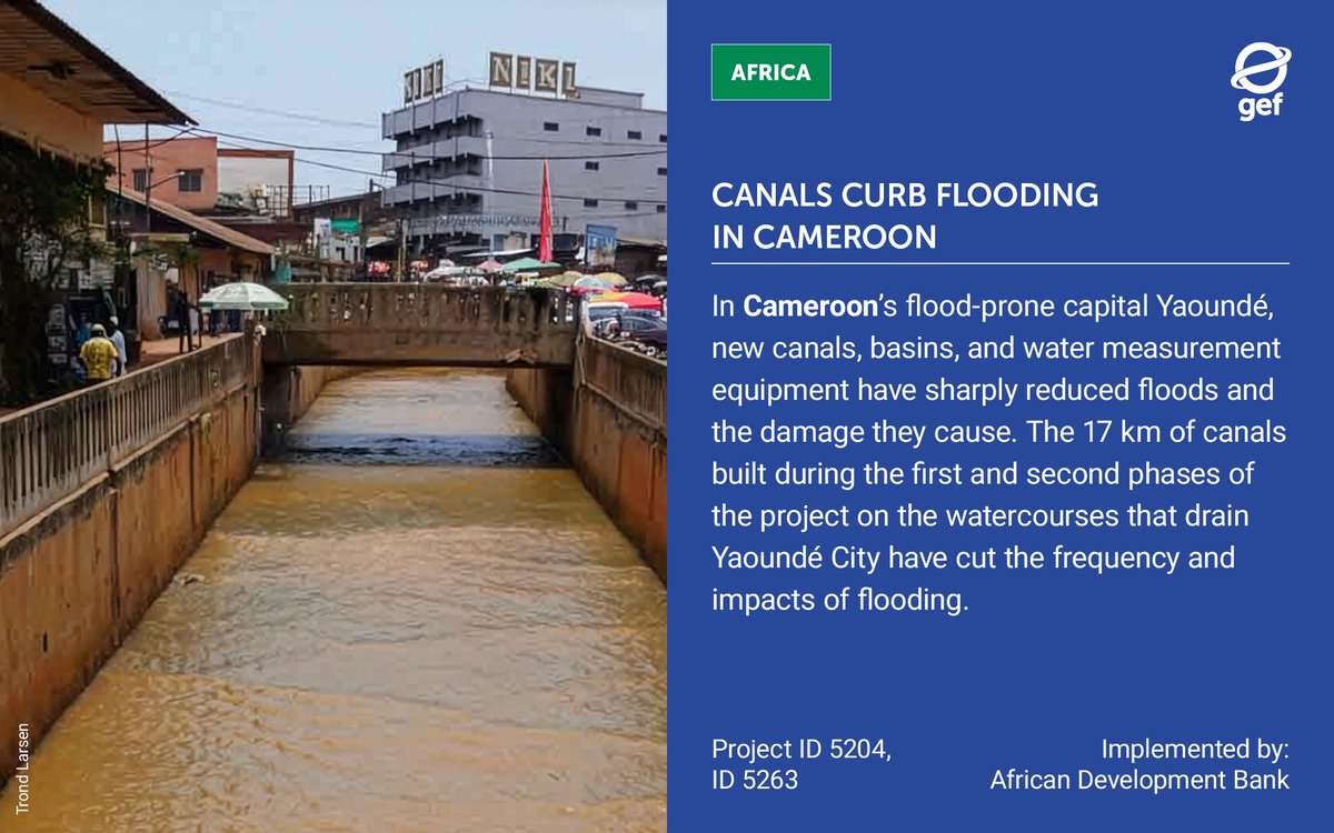 theGEF's tweet image. In Yaoundé, Cameroon🇨🇲, the Mfoundi River used to flood with every rainy season. Now with 17 km of canal in place, flood risks are down and resilience is up, thanks to support from @AfDB_Group and @theGEF. 🌊🏙️ 

🔗wrld.bg/4wpX50XfzGc

#ClimateAdaptation #FloodResilience