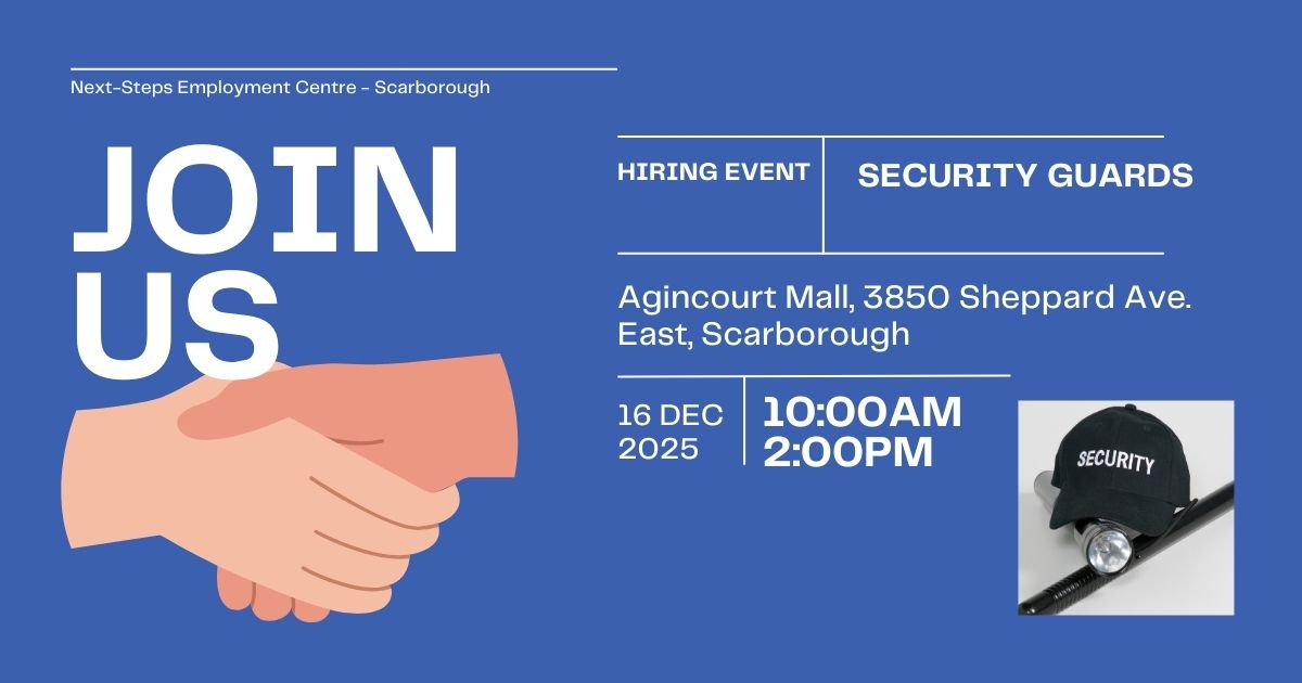 TDSB_CS's tweet image. #NowHiring security guards! Know someone seeking a #TorontoJob? Please RT to share about our free #HiringEvent w/ @securiguard on 16 Dec from 10am-2pm in Scarborough. Sign up here: bit.ly/3MpPiDO