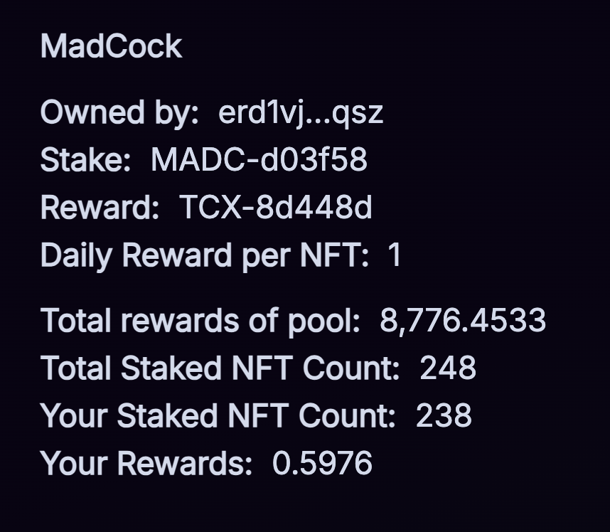 PernillaAmbjor1's tweet photo. Do you stake your Mad Cocks by @CollectionistX on XOXNO ? It's time to move.
Stake them now on #OneDEX
๐ https://t.co/ixWEBUOde3
Pop into HODL Token Club Discord
๐https://t.co/1CFelw2C0e
Help is never far away-
further info โฌ๏ธ
#EGLD #TCX #NFTStaking