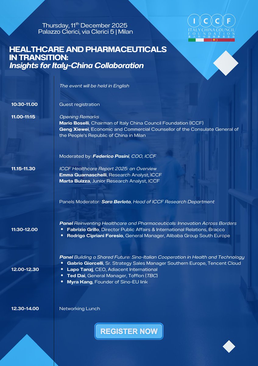 🗓️Giovedì 11 dicembre presenteremo il nostro nuovo rapporto “Healthcare and Pharmaceuticals in Transition: Insights for Italy-China Collaboration”, redatto dal Centro Studi ICCF. 🇮🇹🇨🇳
🩺💉💻
Per partecipare iscrivetevi qui: forms.gle/VtuJUKsHreCkmz…