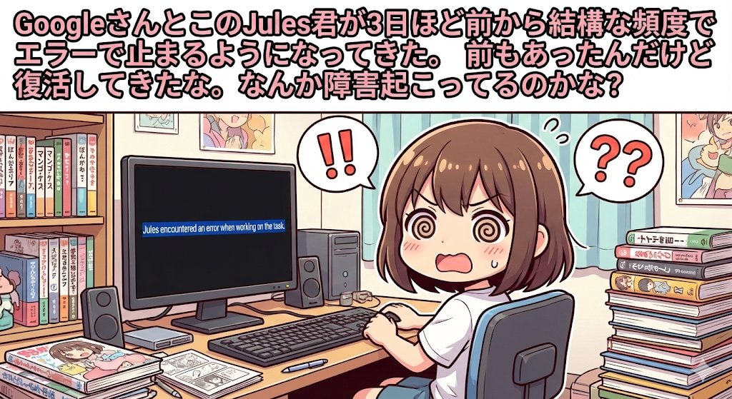 MallocFree009's tweet image. GoogleさんとこのJules君が3日ほど前から結構な頻度でエラーで止まるようになってきた。前もあったんだけど復活してきたな。なんか障害起こってるのかな? #Jules #aicoding