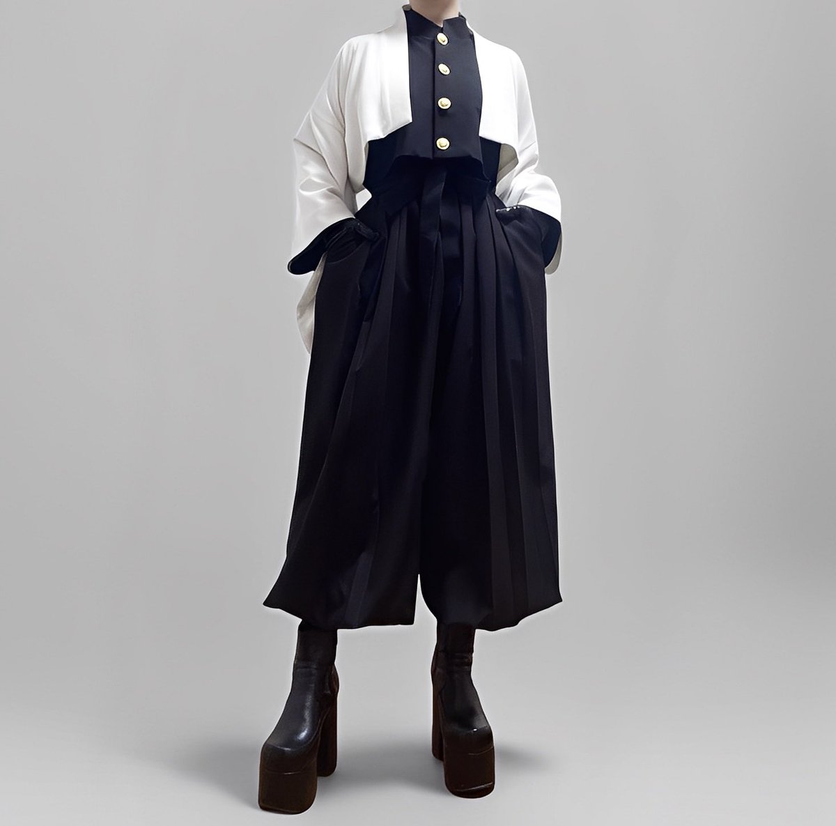 着物袖学ラン×白のショート丈羽織で和洋折衷コーデ。袴パンツを合わせた現代的スタイルがかっこいい！