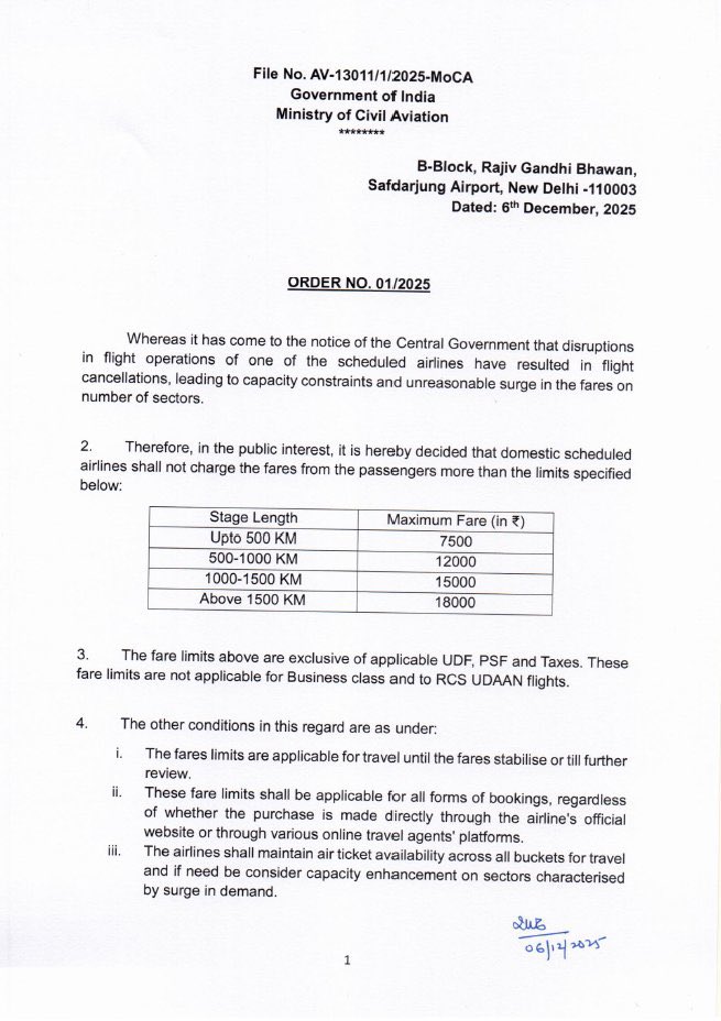 barandbench's tweet photo. Govt caps domestic airfares amid IndiGo disruptions

Ministry of Civil Aviation  orders airlines not to charge above ₹7,500 (0–500 km), ₹12,000 (500–1,000 km), ₹15,000 (1,000–1,500 km) and ₹18,000 (1,500+ km). https://t.co/eQUGZ5TexP