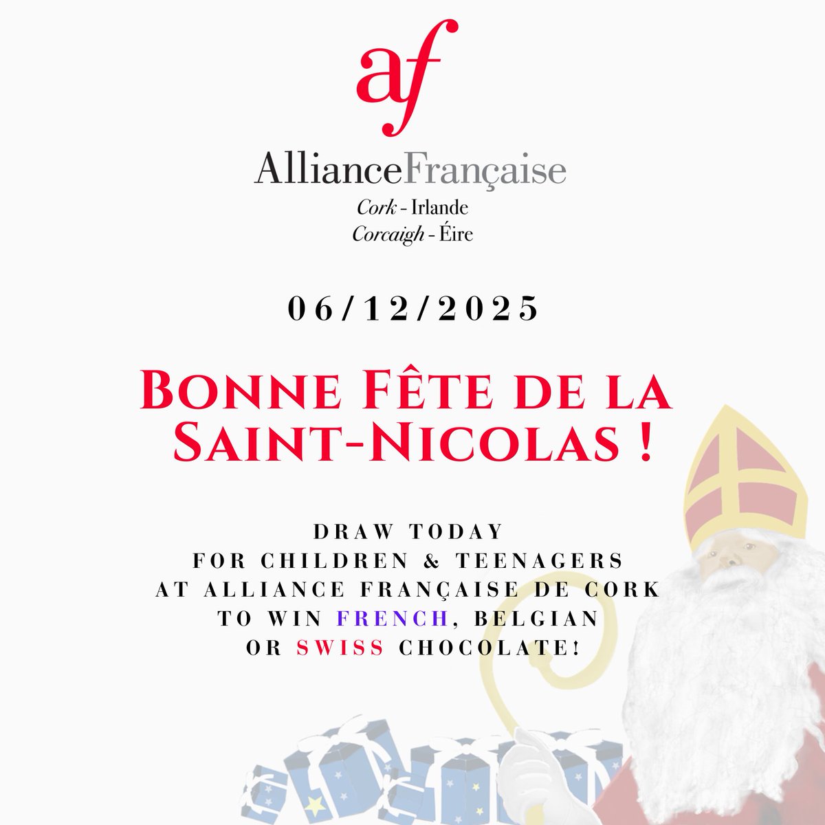 6th December: St Nicholas Day!
Did you know that this tradition is common to the North &amp; East of France, Belgium, Luxembourg &amp; Switzerland?

To celebrate this day, our younger students can enter a draw to be in with a chance to win French, Belgian and Swiss chocolate!