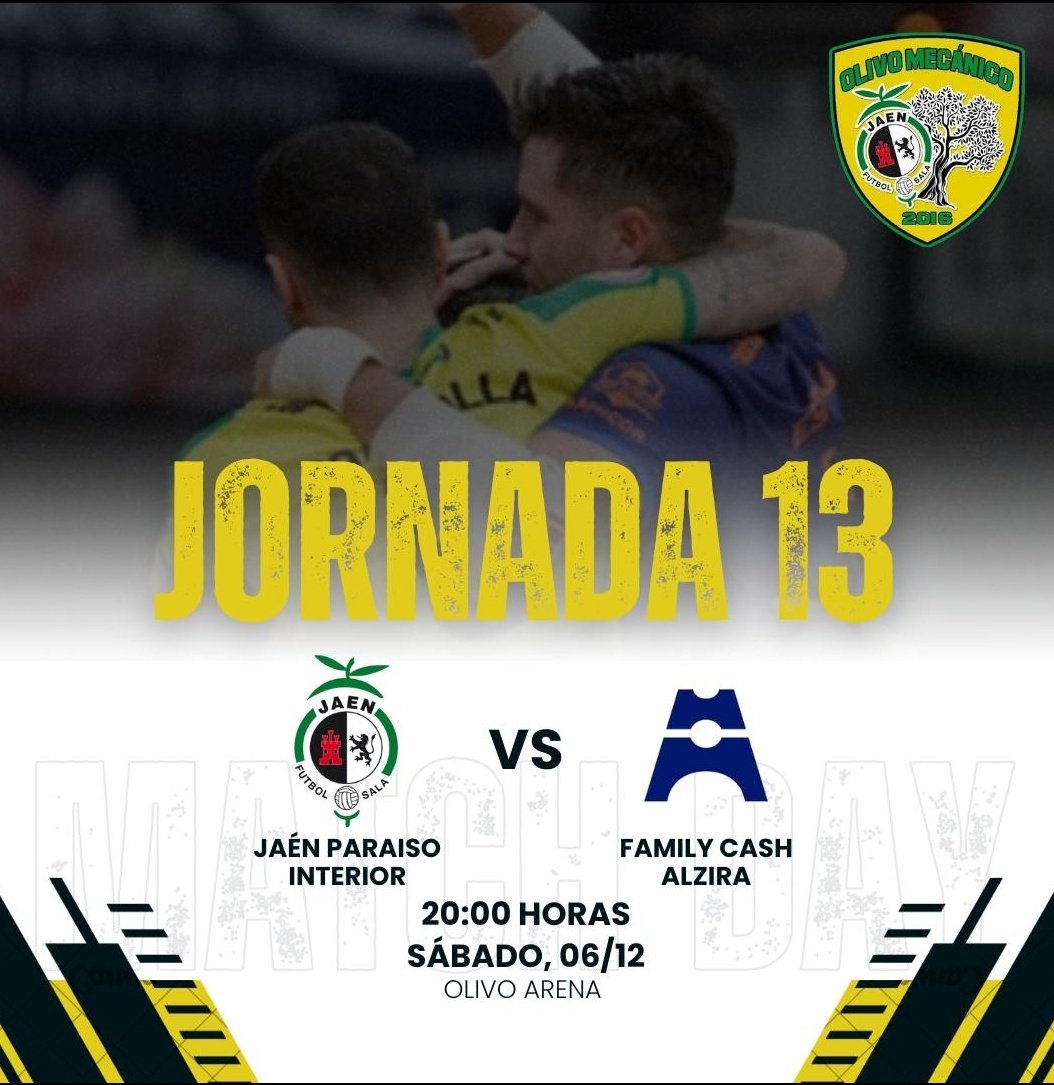 ⚔️🔰 Día de Partido 

💛💚 Primera de las últimas 3 finales para lograr el primer objetivo del año

🙌 Dar la bienvenida de nuevo a nuestros amigos de <a href="/AlziraFS/">Family Cash Alzira FS</a> ¡sentiros como en casa!

🎙 Retransmisión en formato audio a través de <a href="/radioypuntojaen/">Radio y Punto Jaén (108 FM)</a> y <a href="/JaenenJuego/">JaenEnJuego.com</a>
