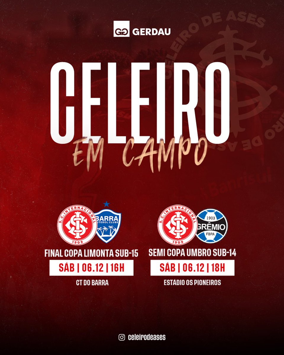 Celeiro_Ases's tweet photo. Dia de decisões! ⚔️

O #CeleirodeAses terá dois jogos decisivos neste sábado (06).

A Sub-15 disputa a final da Copa Limonta contra o Barra, às 16h, no CT do clube catarinense, em Itajaí. 

Já a Sub-14 joga o clássico Gre-Nal no Estádio Os Pioneiros, pela semifinal da Copa Umbro. https://t.co/WAkecZXXai
