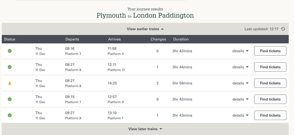 garychurcher's tweet photo. @GWRHelp Wondered if you can help? I normally travel on the 08.35 train from Plymouth to London Paddington, but it seems to have disappeared from journey check/gwr, though is on the timetable (travelling 11th Dec). I just bought a ticket on the more expensive 08.16 instead. https://t.co/97hziUy7Oa