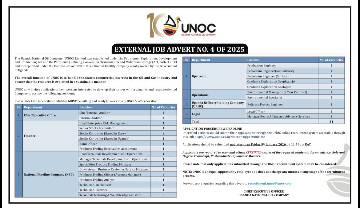 jobsinugandanow's tweet photo. UNOC is recruiting!

Explore 31 new positions across multiple departments and inviting talented, driven individuals to join a team committed to advancing national development.

Apply by 9th January 2026 via: https://t.co/OxVB9ZnXWN https://t.co/Hon2fCTKE6