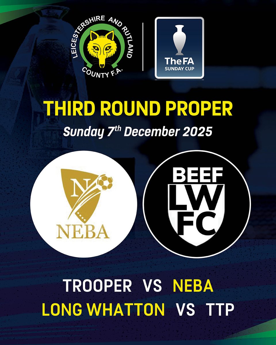 Two Leicestershire sides are in FA Sunday Cup action tomorrow! 🏆

⚽ <a href="/Nebafc/">Neba Seniors</a> head to the West Midlands to face 2023/24 winners Trooper.
⚽ <a href="/longwhattonfc/">Long Whatton FC</a> host TTP, also from the West Mids.

Best of luck to both teams flying the flag for Leicestershire! 💪 #FASundayCup #LRCFA