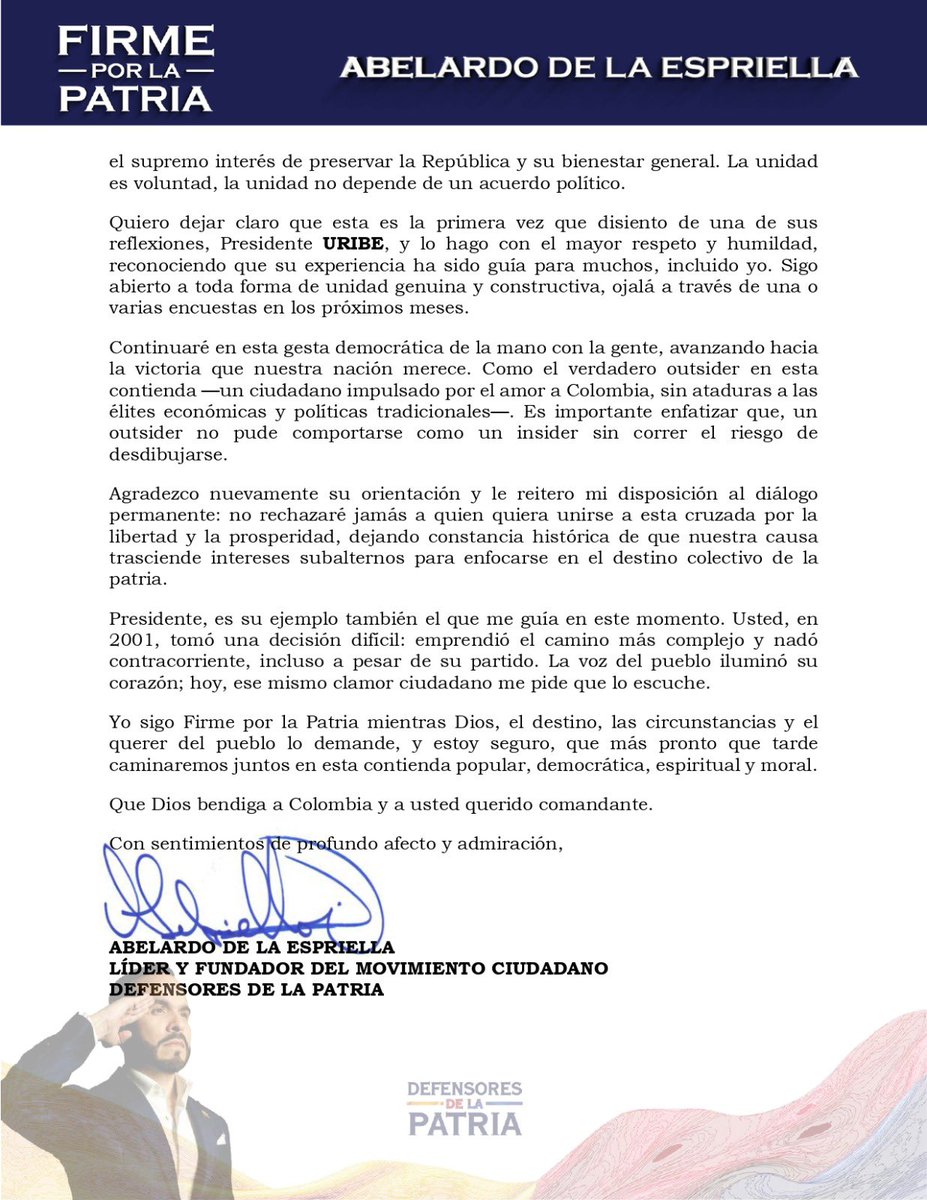 Esta es la carta que le envié hace dos días al presidente Álvaro Uribe, informándole las razones que tengo para no participar en la consulta interpartidista.

Contrario a lo que han dicho algunos medios y periodistas, no existe ningún problema, molestia o discusión entre los dos