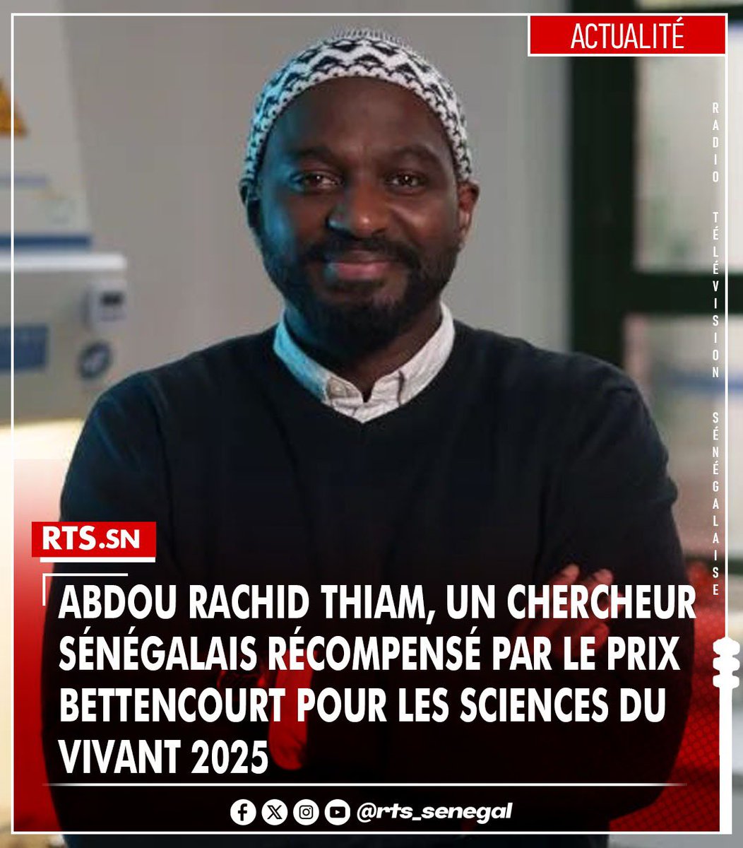 RTS1_Senegal's tweet photo. Le chercheur sénégalais Abdou Rachid Thiam, directeur de recherche au CNRS et spécialiste de l’homéostasie lipidique, a remporté le Prix Liliane Bettencourt pour les sciences du vivant 2025. Cette distinction majeure salue une approche interdisciplinaire qui éclaire des mécanismes cellulaires essentiels et ouvre de nouvelles perspectives thérapeutiques.
https://t.co/DrI4gqjoQr