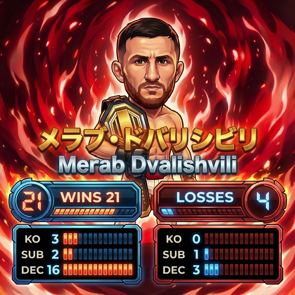 recvisualizer's tweet image. 🔥UFC323 明日開催🔥

メラブ・ドバリシビリ
・21勝4敗（14連勝中）
・勝率84%
・KO率14.3%
・一本率9.5%

🧱とにかく止まらない “The Machine”
🥋テイクダウンとスタミナで相手を破壊⚙️

👇メラブ戦績データはこちら
recordvisualizer.com/senshu/merab-d…

#UFC323 
#メラブ
#Merab