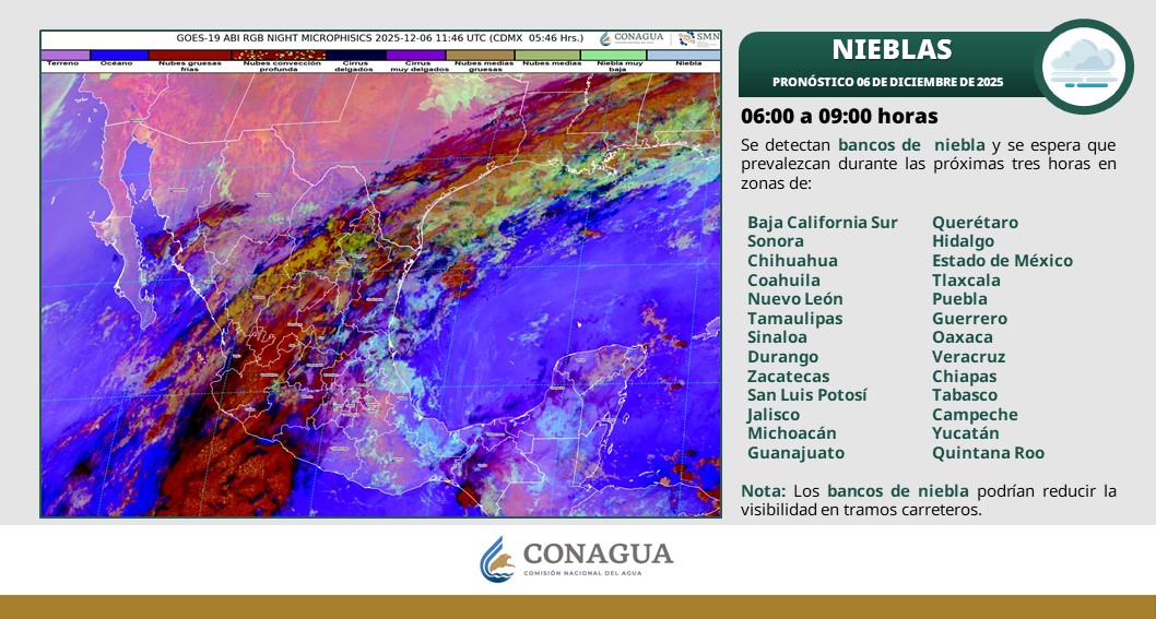🌫️En la imagen de satélite de las 05:46 horas se observan bancos de #Niebla y/o #Neblina en diversas entidades de la #República. 👇