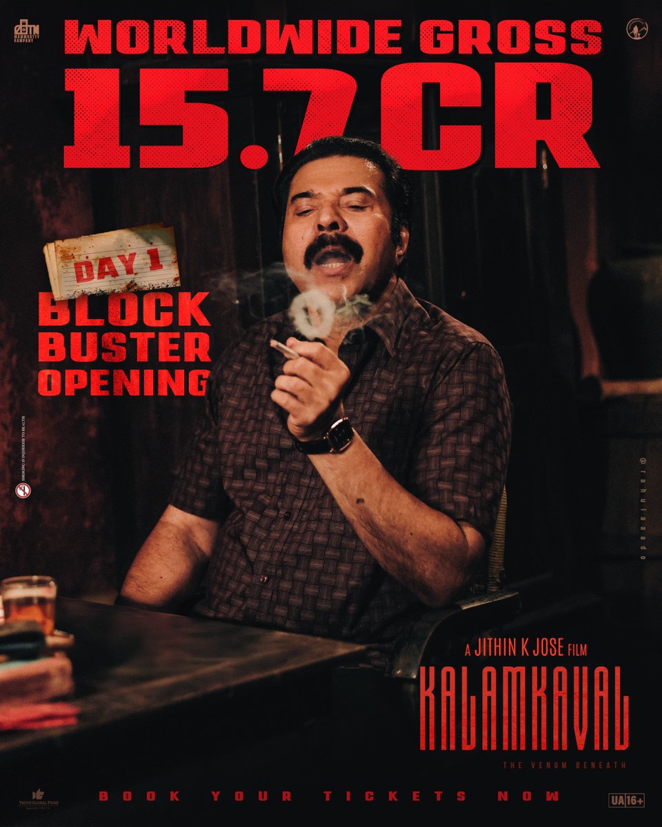 MKampanyOffl's tweet photo. #Kalamkaval takes the Worldwide Box Office by storm as it Grossed 15.7 Cr 🙏on Day 1

Thanks to Our Audience Across The Globe for the Biggest Support and the blockbuster opening

#Mammootty #MammoottyKampany #JithinKJose @mammukka https://t.co/grnPXmiE50