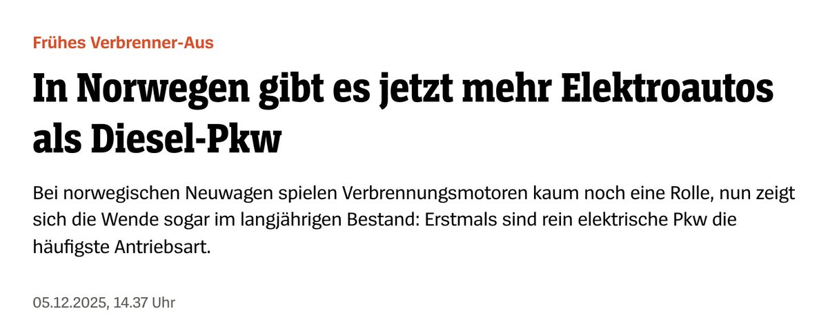 In Norwegen ist das E-Auto jetzt auch sogar im Bestand das wichtigste Auto der Welt. Und wir glauben in 🇩🇪 immer noch mit "hocheffizienten Verbrennern" die Welt zu beglücken.