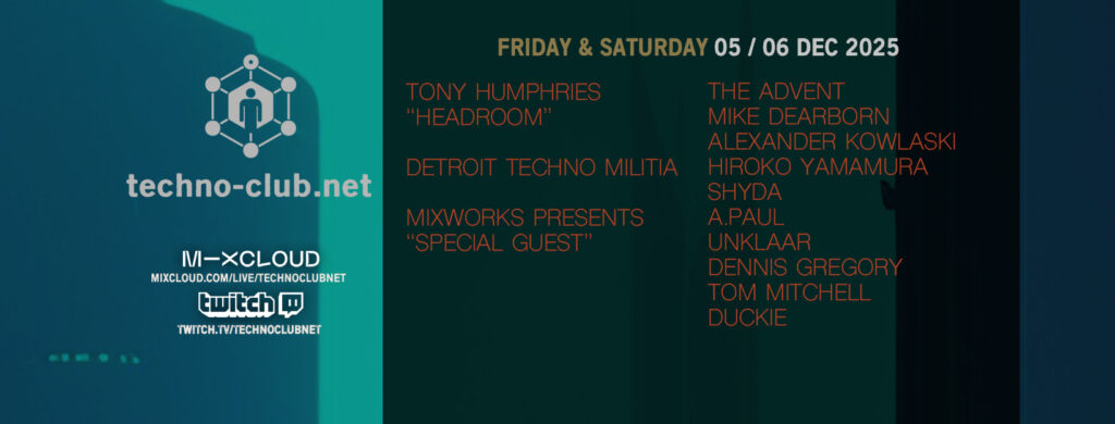 This week  w/ Tony Humphries, T.Linder, Dylan Drazen, Buzz Goree, The Advent, Mike Dearborn, Alexendar Kowalski, Hiroko Yamamura, Shyda, A.Paul, Unklar, Dennis Gregory, Tom Mitchell, Knob 
free live video stream:
mixcloud.com/live/TechnoClu…
&amp;
twitch.tv/technoclubnet