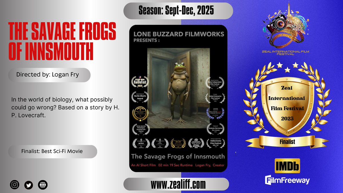 zealfestival's tweet photo. 🤗We congratulate Logan Fry and the entire team on their remarkable achievement.
✨🏆
#TheSavageFrogsofInnsmouth #Dagon #ZIFF #Winner #finalist #SciFiMovie https://t.co/5TVhqsQr2H