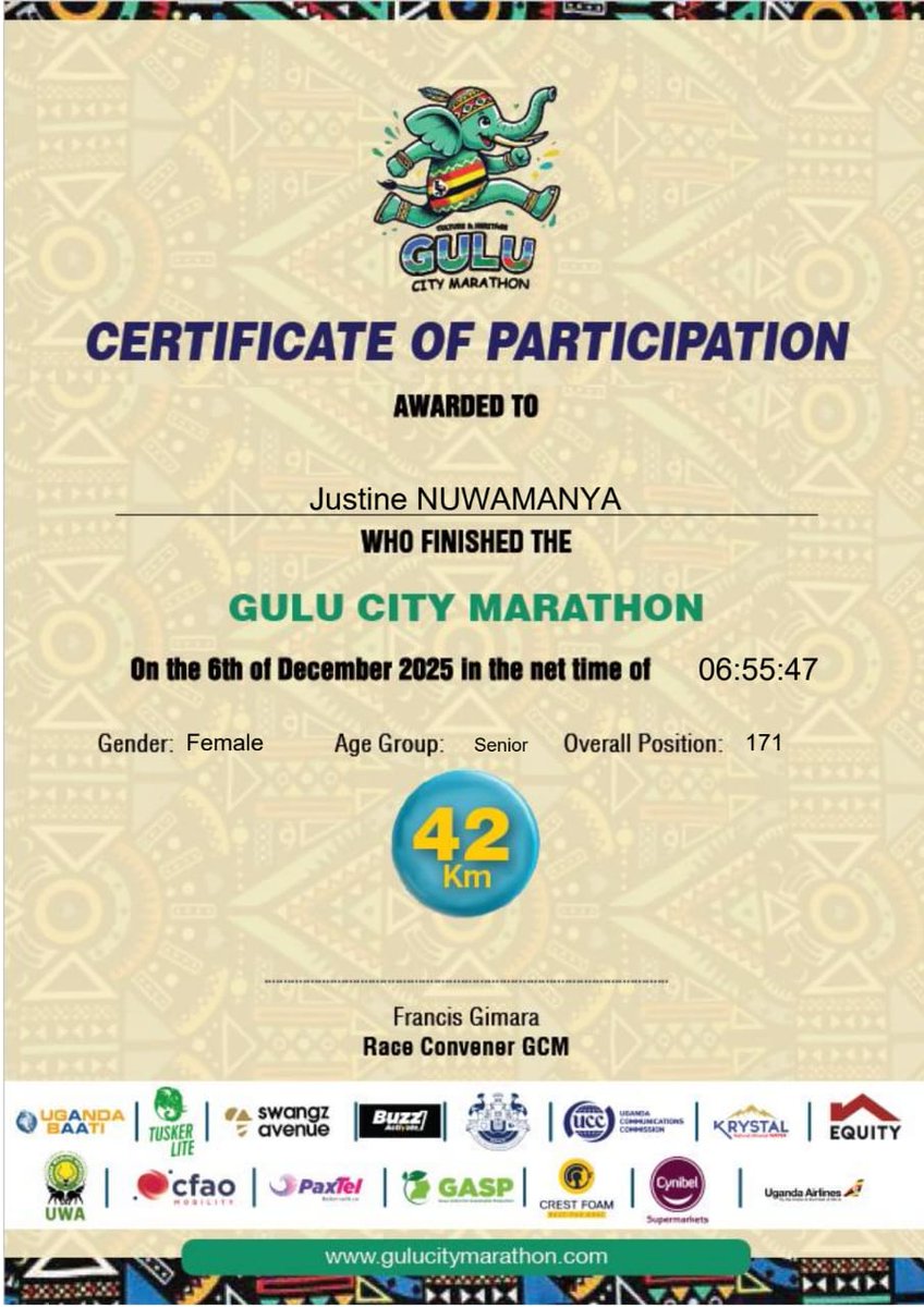The journey to Marathons starts now👏👏👏
Well-done J👏👏👏
#JRuns
Thanks <a href="/TheGuluMarathon/">Gulu City Marathon</a> 
I enjoyed myself.