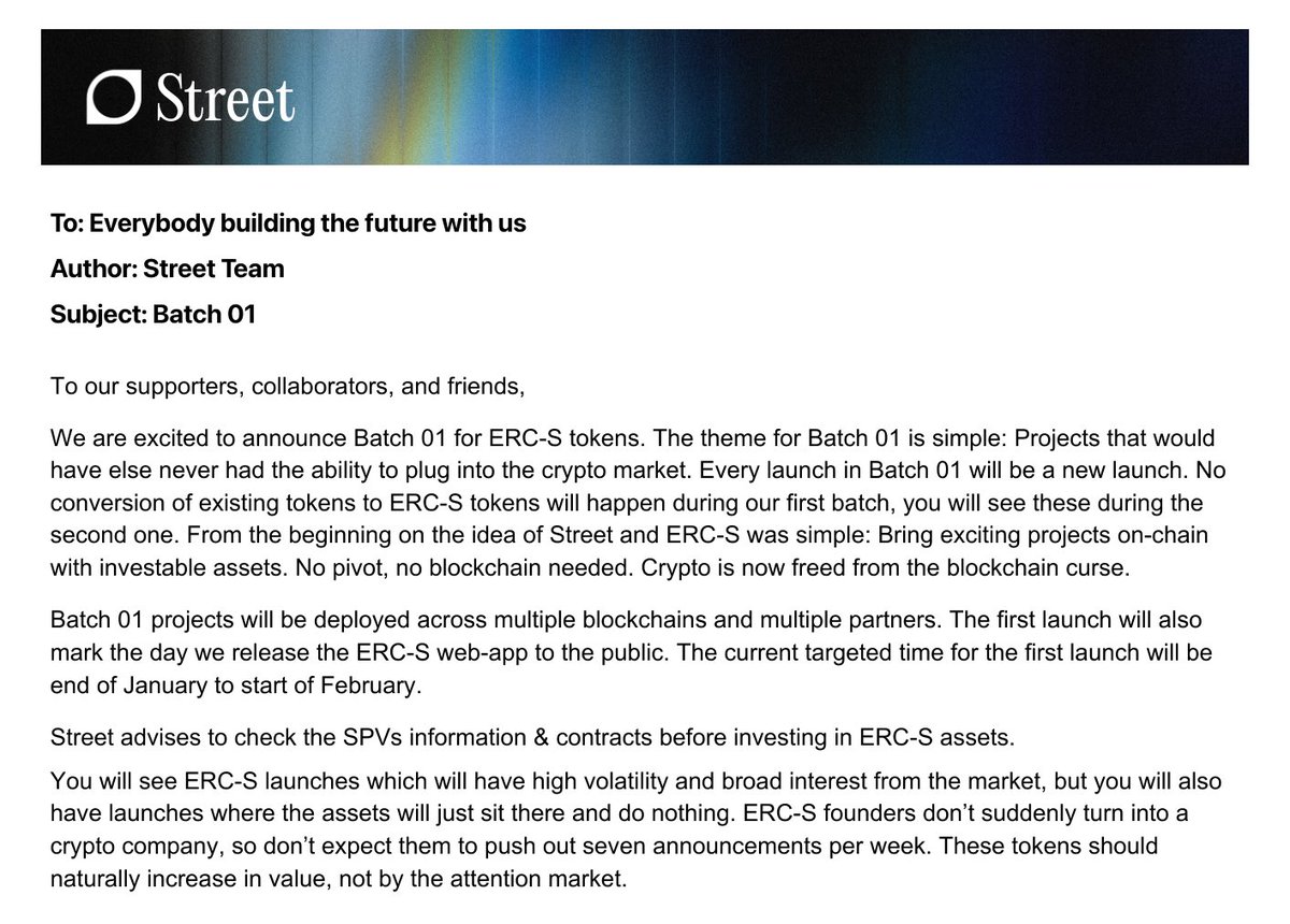 Street is officially launching its product in 2026 Q1 with Batch 01.

Batch 01 | Some Information: