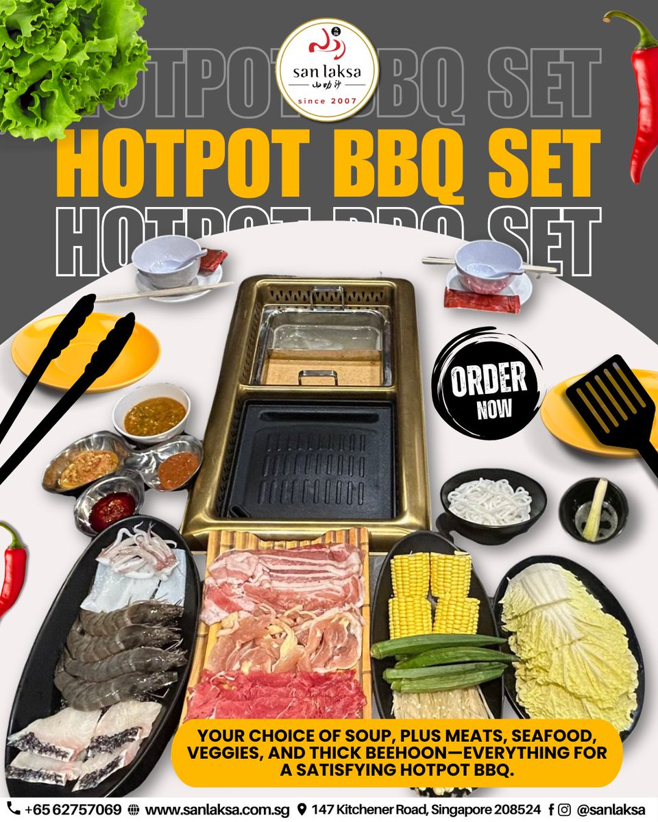 sanlaksa147's tweet image. Why choose when you can have both? Enjoy the best of both worlds with our Hotpot BBQ Set—one rich soup base paired with a sizzling grill, premium meats, fresh seafood, veggies, and thick beehoon for a truly satisfying feast.
#SanLaksa #HotpotBBQ #BBQAndHotpot #FoodieSG #SGEats