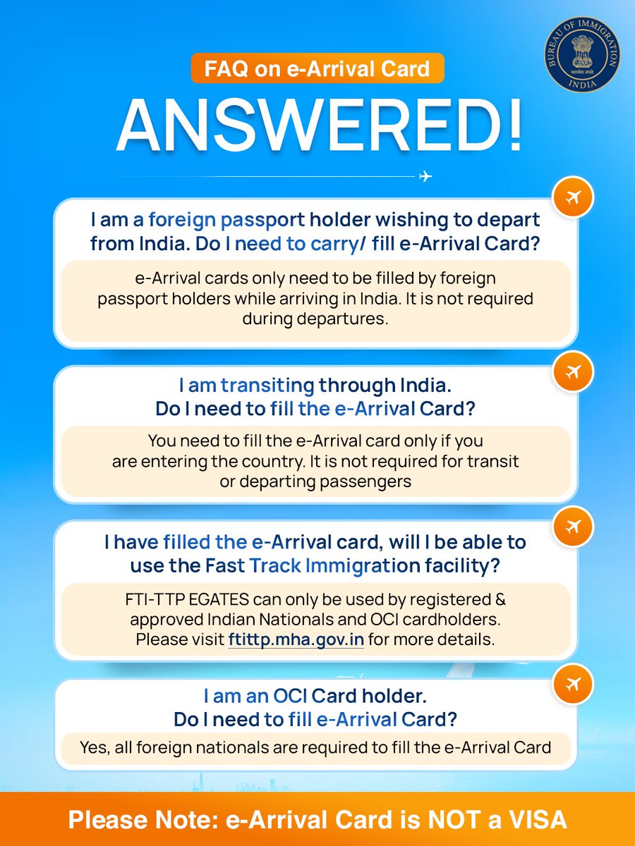 BOIndiaOfficial's tweet photo. 🌍 Planning a trip to India?
Make your entry smoother and quicker with the e-Arrival Card!

Fill it out before you travel and enjoy a hassle-free arrival experience.
Register now: https://t.co/VtKOmadcAw

#BureauOfImmigrationIndia #EArrivalCard https://t.co/gbZZbTyVFI