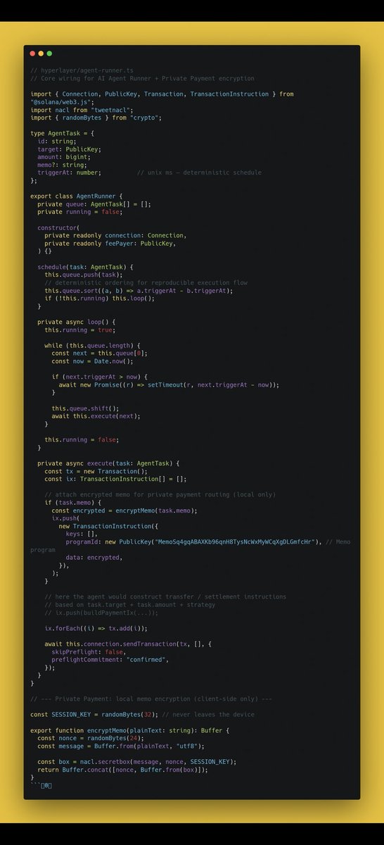 X402Hyperlayer's tweet photo. Development Log - Agent Runner & Private Payment Layer

We’ve started wiring the core components for two of the biggest upcoming modules:

⚡ AI Agent Runner

Our execution engine is now being implemented enabling automated on-chain tasks with deterministic scheduling, client side validation, and zero trust assumptions.
Agents will soon be able to create tasks, monitor conditions, and trigger actions automatically, without manual execution.

🔐 Private Payment Layer

The encrypted transfer pipeline is now live in code:
• Local key generation
• Encrypted memo packets
• Obfuscated routing flow
• Optional anonymous settlement mode

This will become the backbone of our privacy-preserving payment system.

We’ll continue refining the architecture and begin connecting the execution engine with the payment module over the next updates.