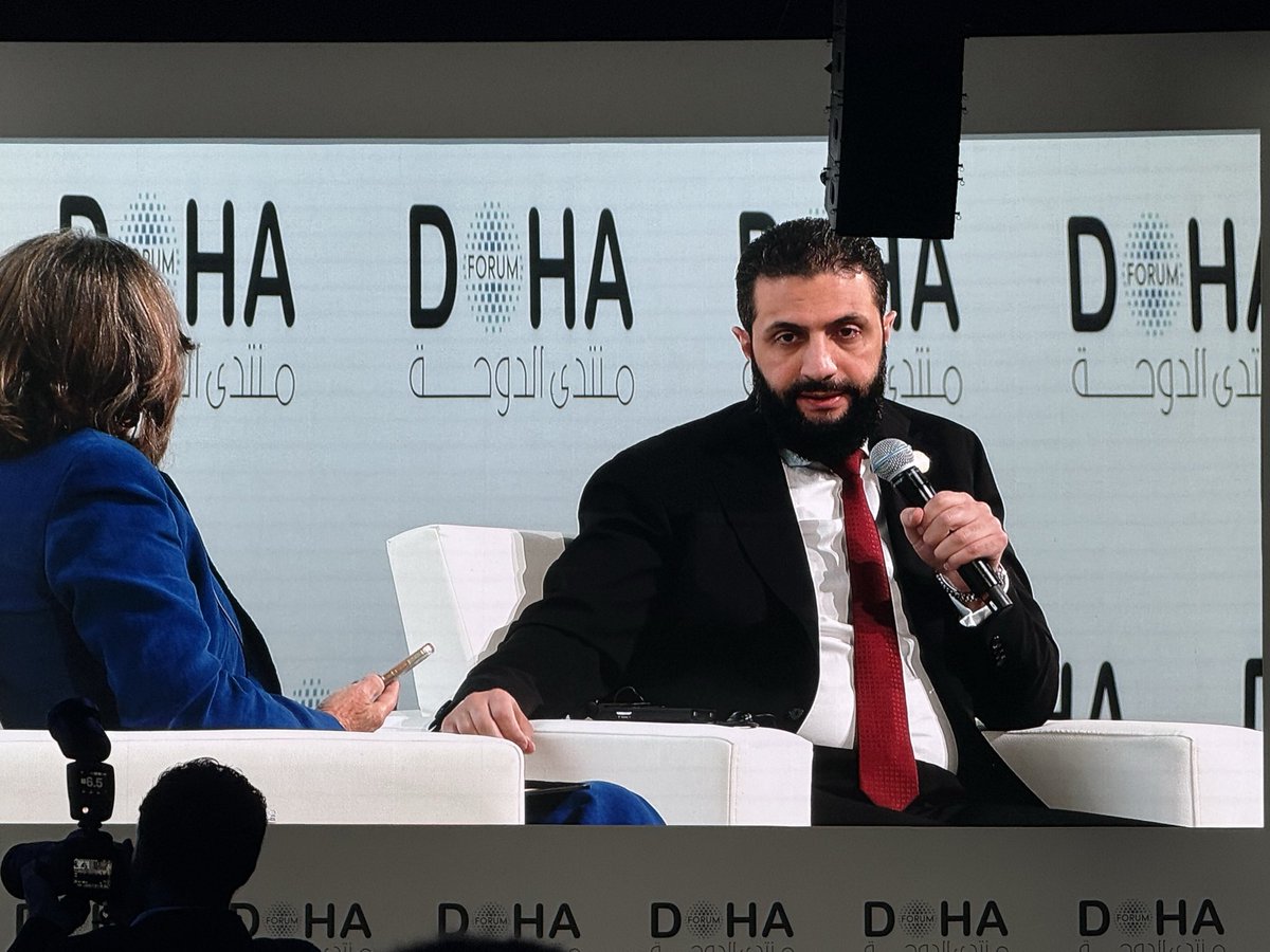 “#Syria transformed from a country exporting crises to determining regional stability… while #Israel tries to manage its own problems by exporting them abroad.”

- #Syria President Ahmed al-Sharaa speaking to <a href="/amanpour/">Christiane Amanpour</a> at <a href="/DohaForum/">Doha Forum</a>.
