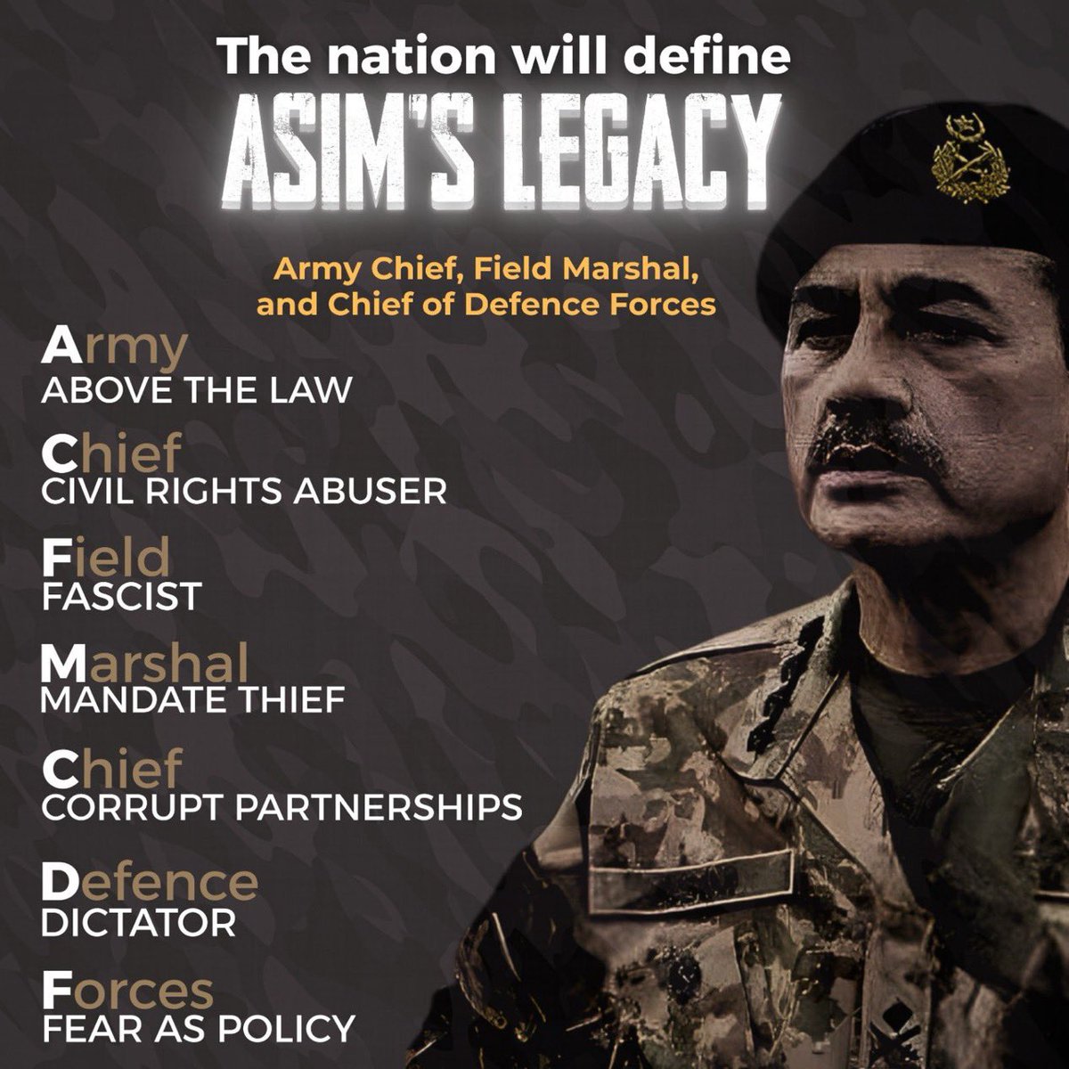 PTIofficial's tweet photo. Yesterday’s press conference confirms that Asim Munir is a usurper who has placed himself above the law. 
As Imran Khan said, Asim Munir’s mental instability and moral decline have caused the collapse of the Constitution and rule of law, leaving every Pakistani’s fundamental rights unprotected.

#GetWellSoonDG