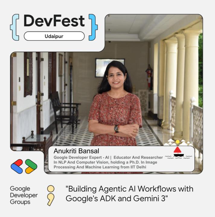 GdgUdaipur's tweet photo. 🎙️Speaker Reveal #4!
Excited to welcome Dr. Anukriti Bansal (GDE – AI), Ph.D. IIT Delhi, expert in NLP, CV & Generative AI.
🧠Talk: Building Agentic AI Workflows with Google’s ADK & Gemini 3
🔗 Register: https://t.co/kGnCtBqzMR
#DevFestUdaipur2025 #GDGUdaipur #DevFestUdaipur https://t.co/XBr5bQ2zkZ
