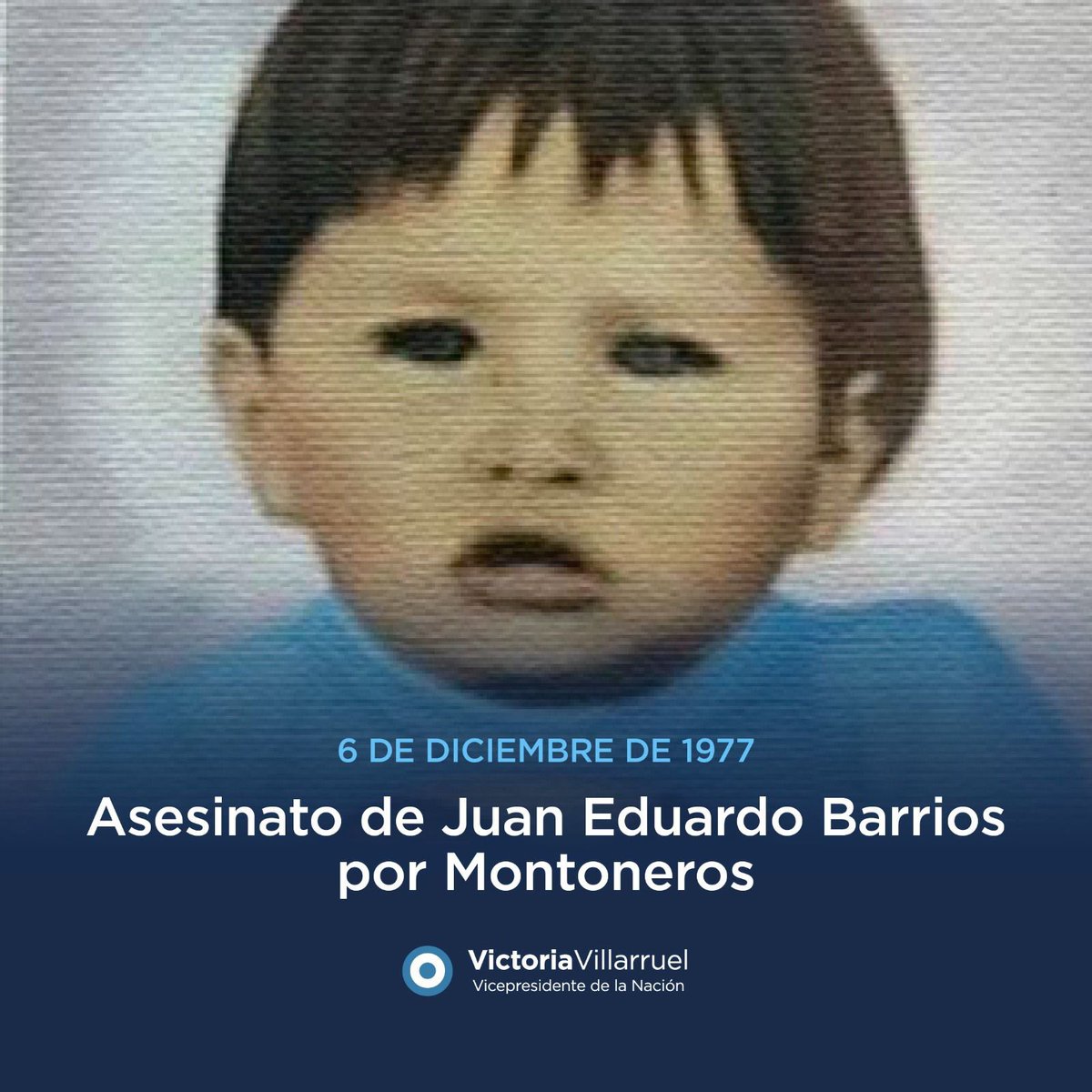 VickyVillarruel's tweet image. Un día como hoy, de 1977, los terroristas de Montoneros asesinaron a Juan Eduardo Barrios, un nene de tan solo 3 años que estaba con su mamá en el Banco Provincia de Buenos Aires, en Monte Chingolo. 

Desde un auto, una mujer disparó cobardemente con una ametralladora hiriendo a…