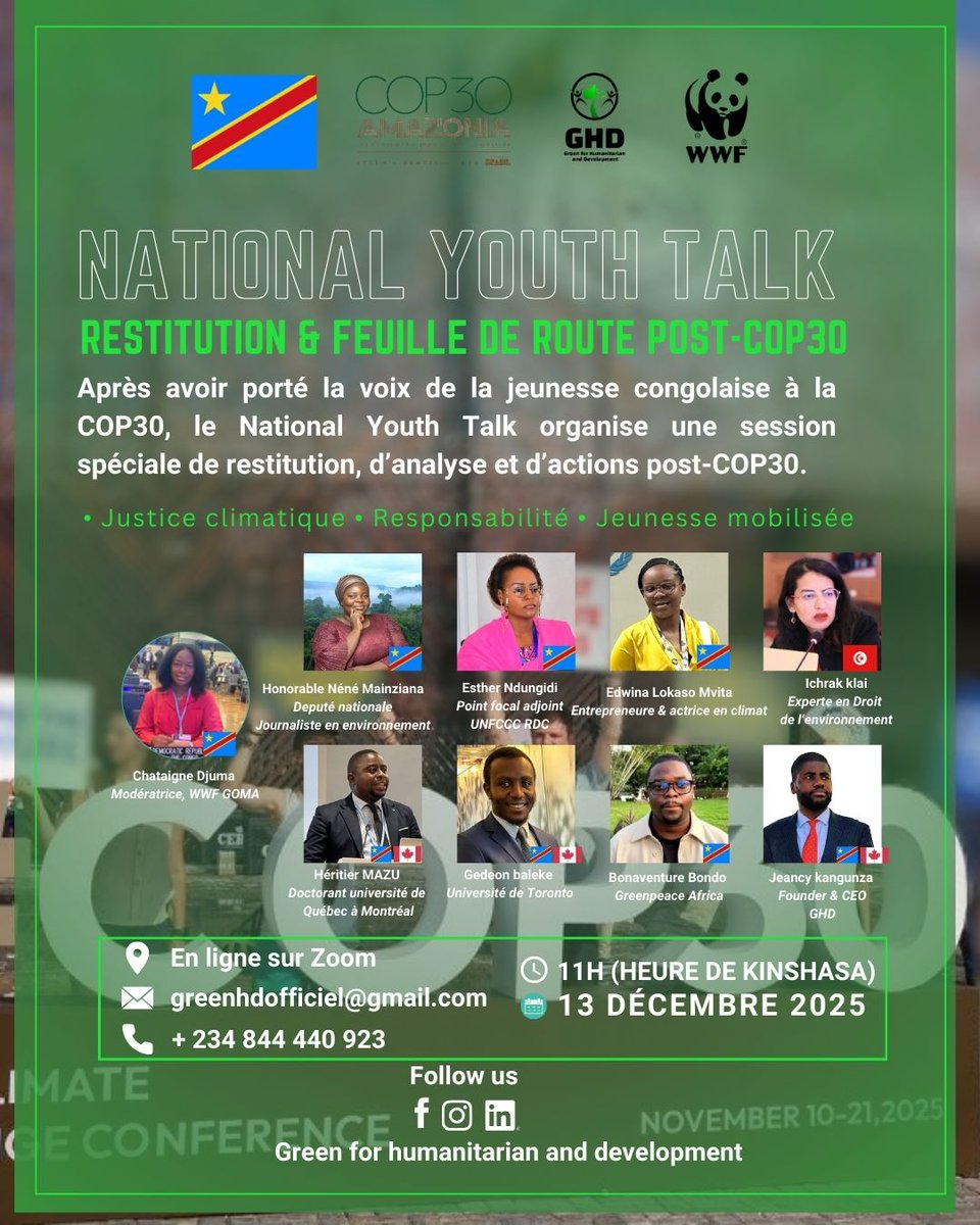 BlastGeorges's tweet photo. Après avoir consulté 200+ jeunes à travers la RDC, place à la Restitution Nationale des Jeunes – post-COP30. 🇨🇩🌍

📅 13 déc. 2025
🕚 11h (Kinshasa)
📍 Zoom

Un moment clé pour partager les résultats et définir les actions climatiques 2025. https://t.co/WDoi8AopQC