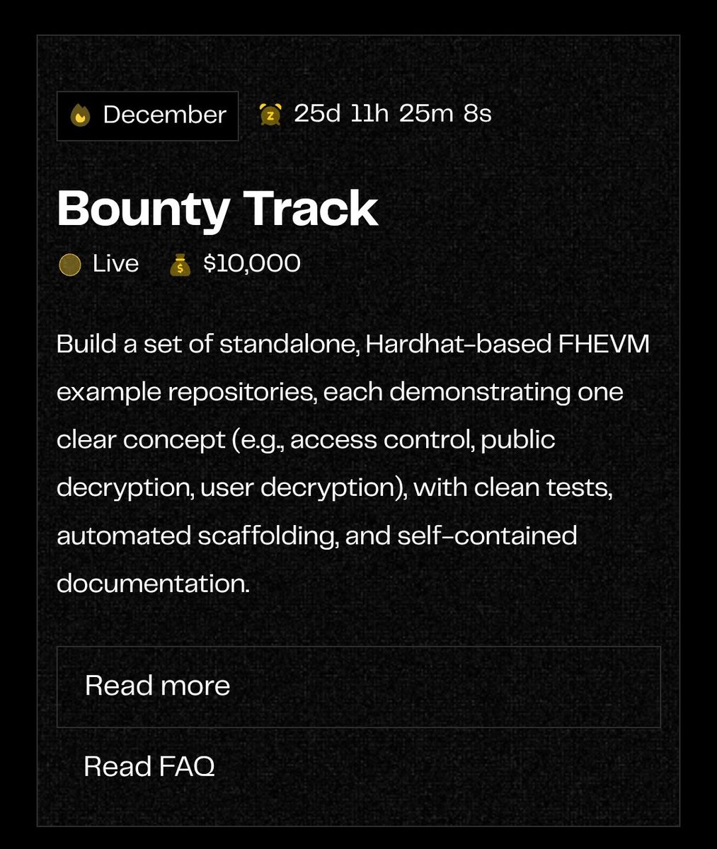 xcatalystt's tweet image. Hey devs!  @zama is dropping $10K bounties + $10K for the builders track if you create something awesome with FHEVM.

This is your FINAL call to join the epic last pre-mainnet cohort for December.

Grab your spot before it’s gone: zama.org/programs/devel…

 #ZamaCreatorProgram