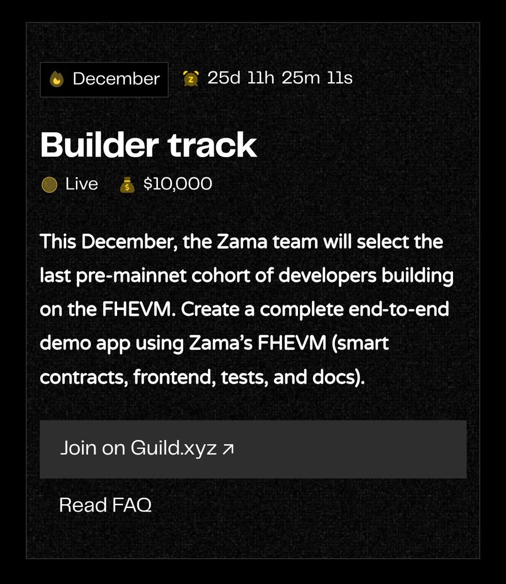 xcatalystt's tweet image. Hey devs!  @zama is dropping $10K bounties + $10K for the builders track if you create something awesome with FHEVM.

This is your FINAL call to join the epic last pre-mainnet cohort for December.

Grab your spot before it’s gone: zama.org/programs/devel…

 #ZamaCreatorProgram