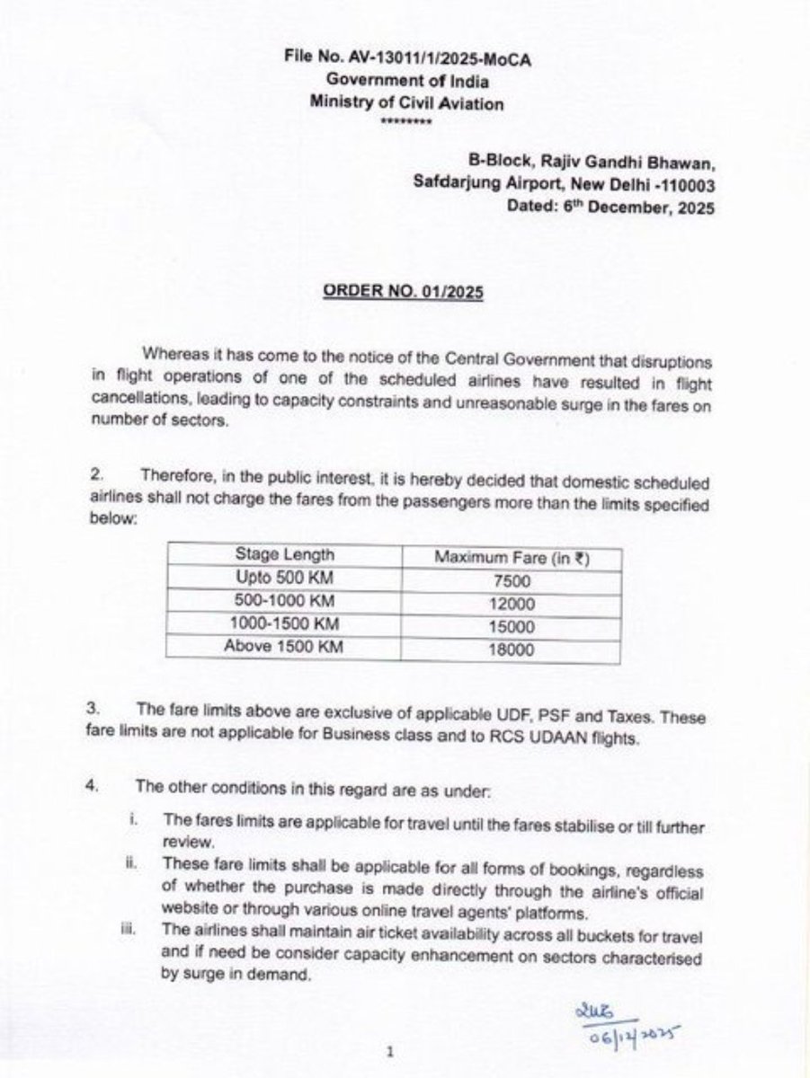 🚨 Breaking: Government of India caps domestic airfares for all airlines. 

Under 500 km: Rs 7,500/-
500-1000 km: Rs 12,000/-
1000-1500 km: Rs 15,000/-
Above 1500 km: Rs 18,000/-