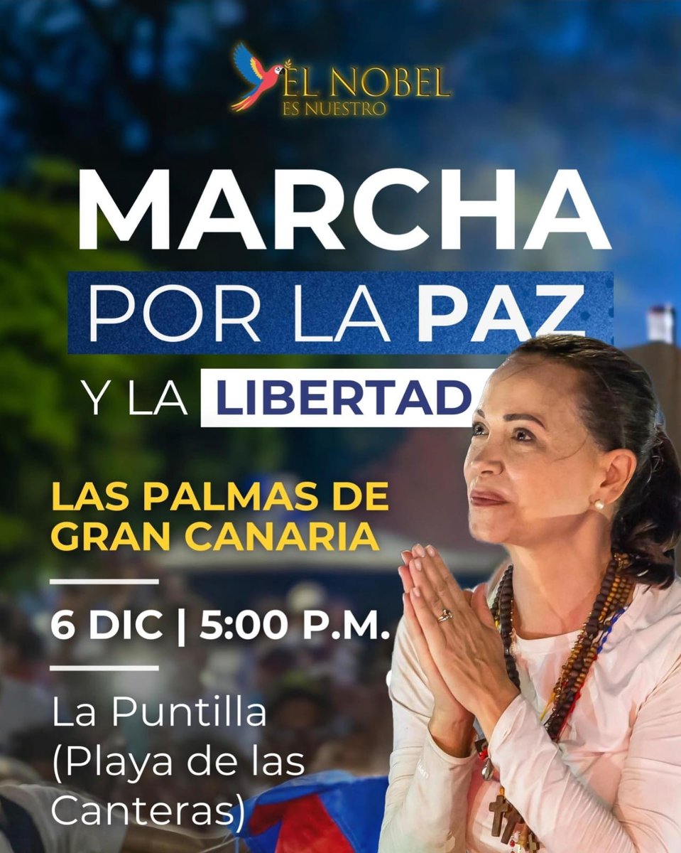 frankglossalias's tweet photo. Hoy tenemos calle desde el archipiélago Canario nos concentramos por la Paz y la libertad y acompañar al pueblo Venezolano por su Nobel como lo a dicho María Corina. Dios con nosotros. https://t.co/2ttBoNPcJk