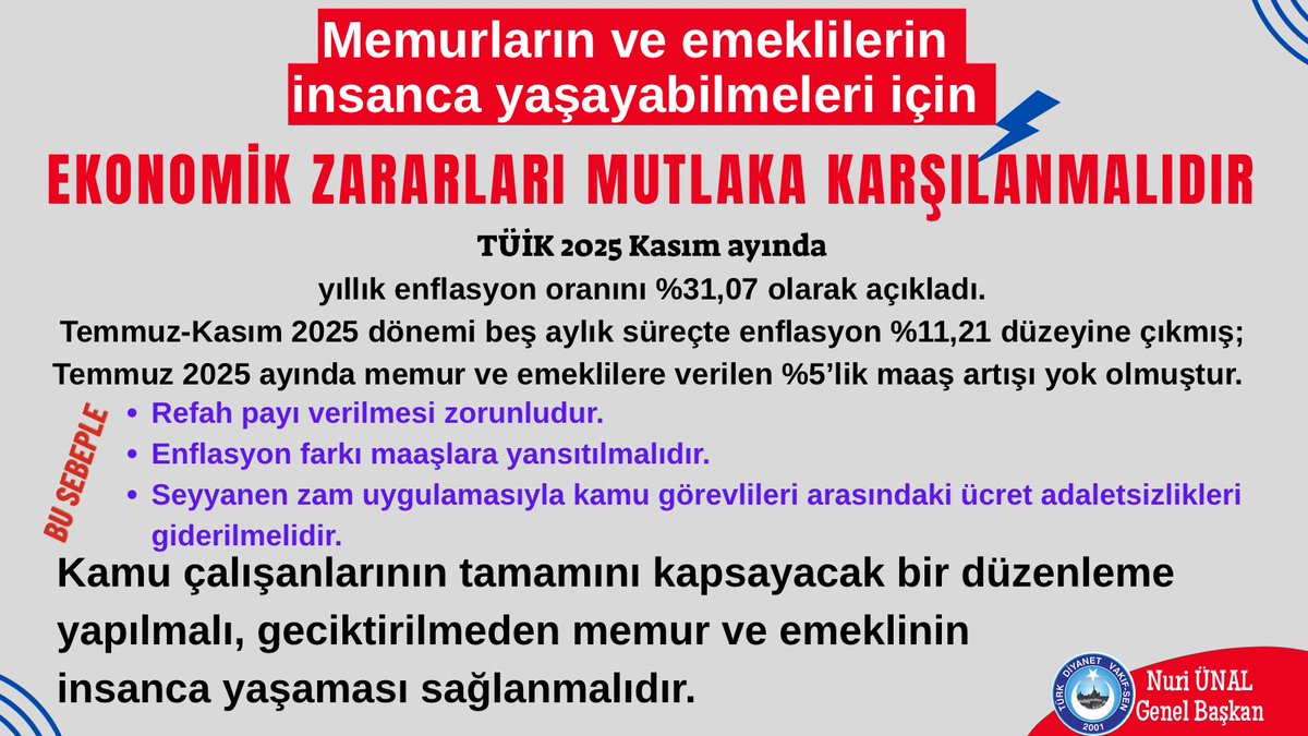 Memurların ve emeklilerin
insanca yaşayabilmeleri için;

EKONOMİK ZARARLARI MUTLAKA KARŞILANMALIDIR.⏬️