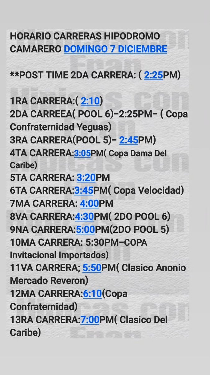 HIPICASCONFRAN's tweet image. Horario de carreras DOMINGO 7 DICIEMBRE,para el hipodromo camarero..🏇🏽✍️👀🏇🏽

@camareropr 
#PuertoRico 
#caballos 
#SHC25