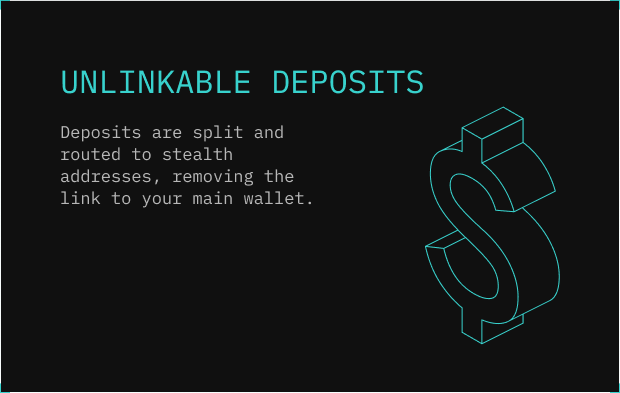 Deposits are broken into multiple fractions through a mixer, routed through independent pools, and later forwarded by 0x0 relayers at different intervals to stealth addresses only you control. Your exchange balance cannot be traced to your main wallet.