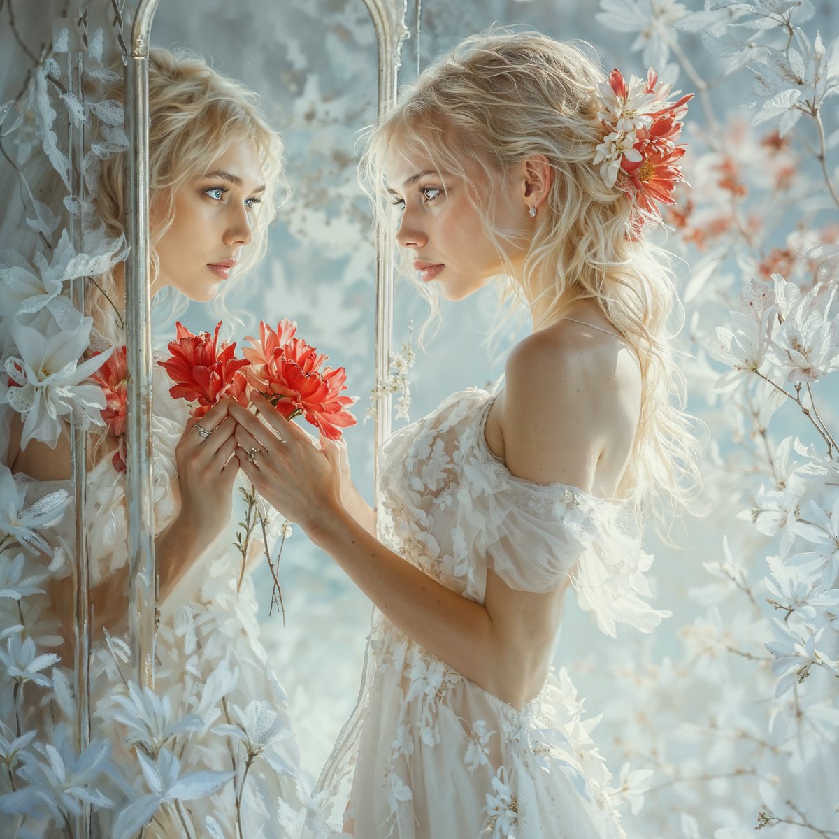 gm 🖤🖤 may light find the parts of you that forgot they were beautiful 💜 have a lovely day 🥰

The Mirror Knows 🌹
She stood between reflection and reality; petals pressed to glass. Her eyes in the mirror shimmered blue, though she knew them as brown—truth bending at the edge