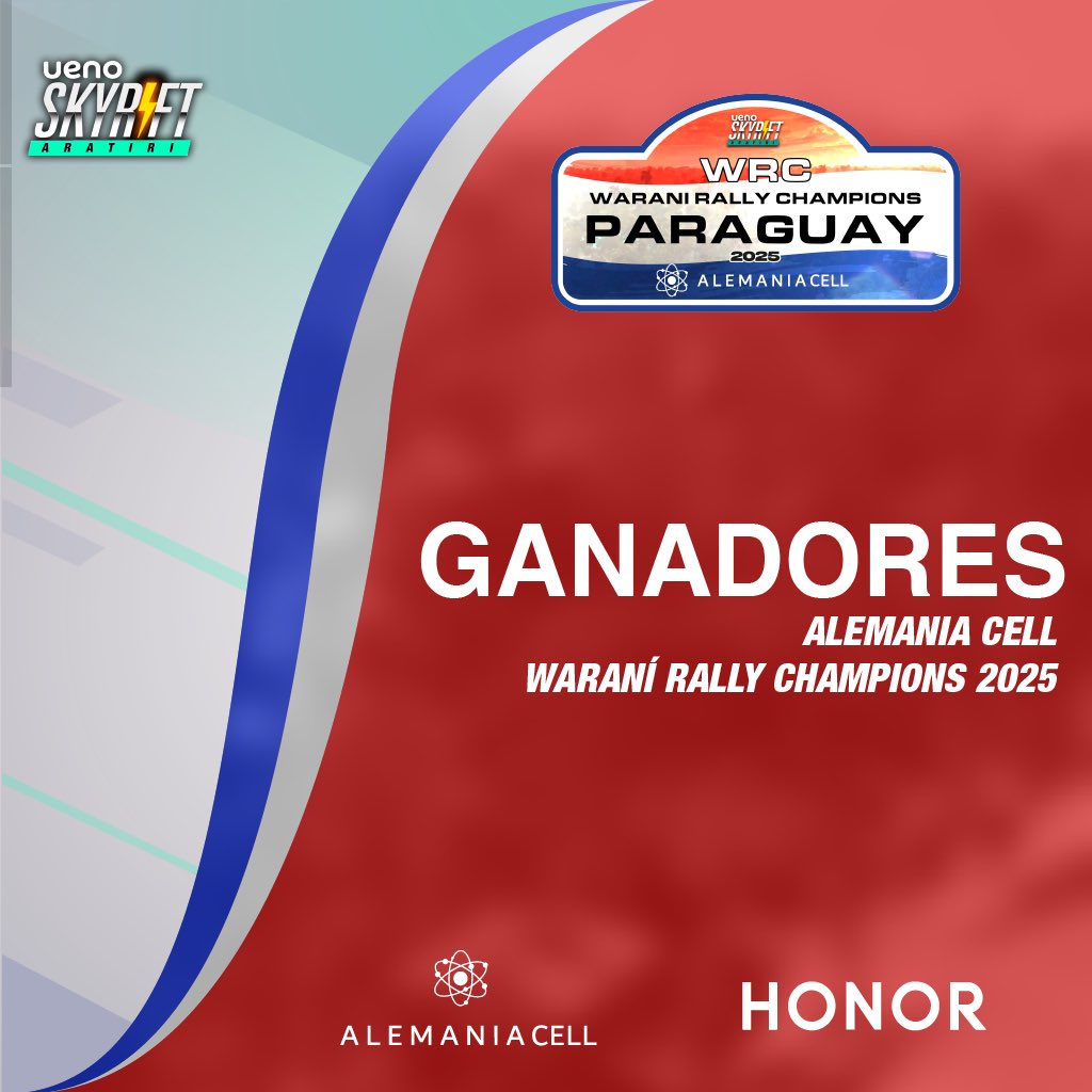Skyriftgame's tweet photo. 🏁 ¡El ALEMANIA CELL Waraní Rally Champions 2025 llegó a su fin!

Gracias a todos los pilotos que compitieron en ueno SKYRIFT Aratiri y dejaron todo en la pista.

Agradecimiento especial a ueno bank, Alemania Cell y HONOR por hacer este campeonato posible. https://t.co/cepuEDFL1s