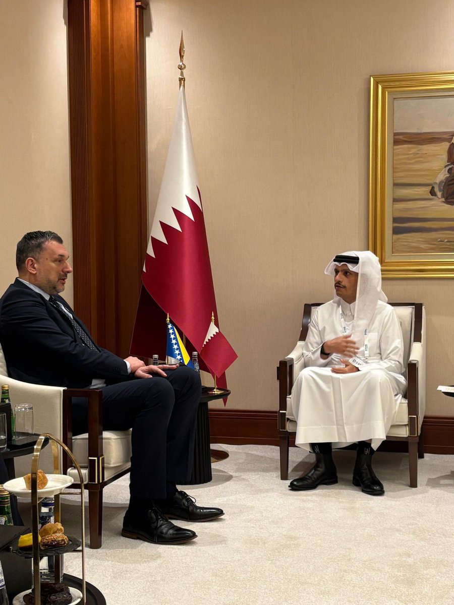 mfa_bih's tweet photo. During #DohaForum2025, 🇧🇦 FM @dinokonakovic met with the 🇶🇦 Prime Minister and Minister of Foreign Affairs, Sheikh Mohammed bin Abdulrahman Al-Thani.

The meeting reaffirmed the strong and steadily growing partnership between Bosnia and Herzegovina and Qatar. FM Konaković highlighted Bosnia and Herzegovina’s commitment to further expanding political dialogue and opening new avenues for economic cooperation, including investment, development initiatives, and emerging sectors of mutual interest.

Both sides emphasized the importance of strengthening ties between the peoples of the two countries by enhancing educational and cultural exchanges and fostering long-term cooperation that contributes to stability and prosperity.

The meeting underscored a shared commitment to a forward-looking, strategic relationship, one built on trust, dialogue, and the ambition to elevate Bosnia and Herzegovina–Qatar relations to an even higher level.