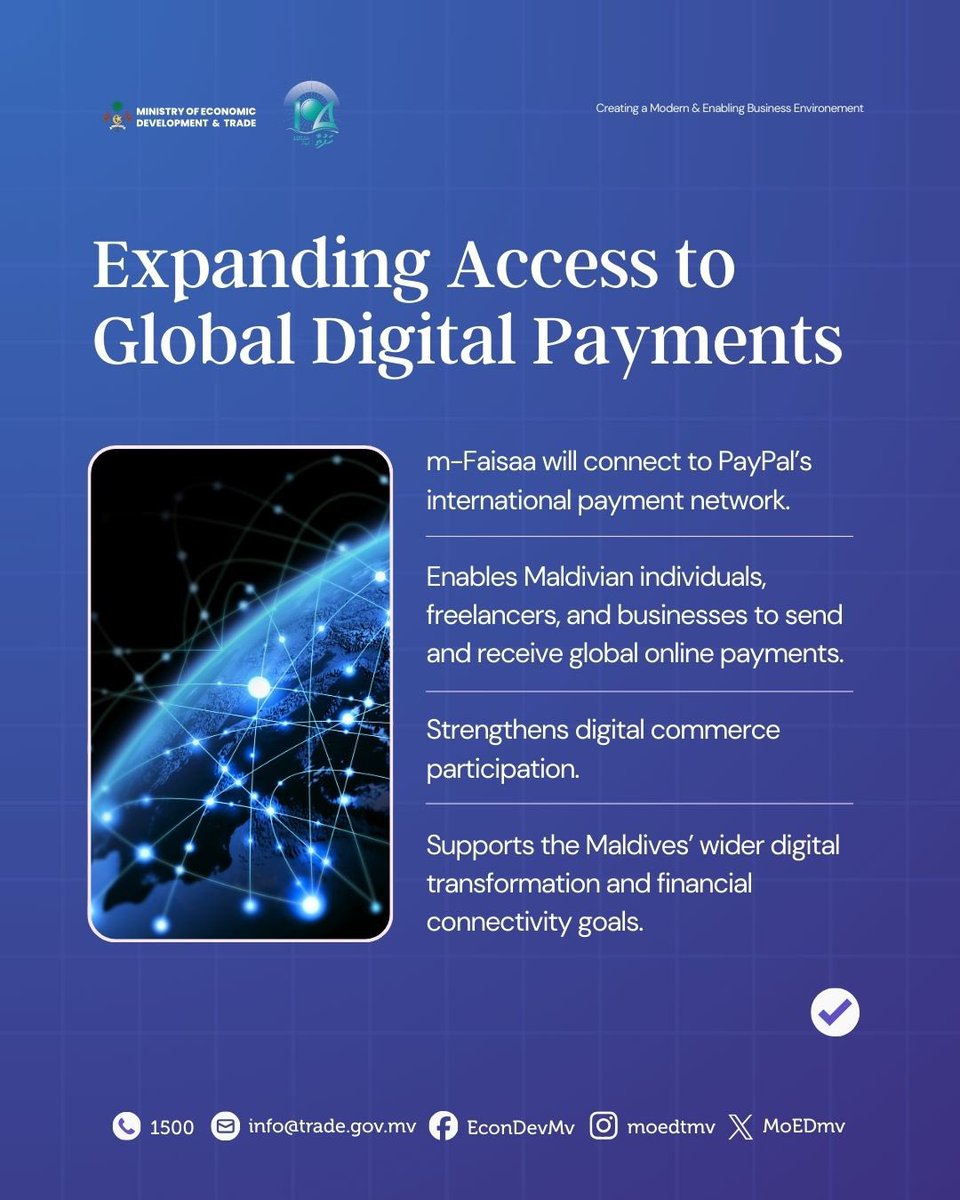 A major step in advancing digital payment services: bringing PayPal access closer to Maldivian consumers and businesses.

#MoEDTmv #Hafthaa104